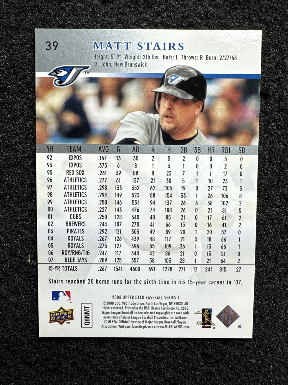 MATT STAIRS #39 2008 Upper Deck QTY Toronto Blue Jays