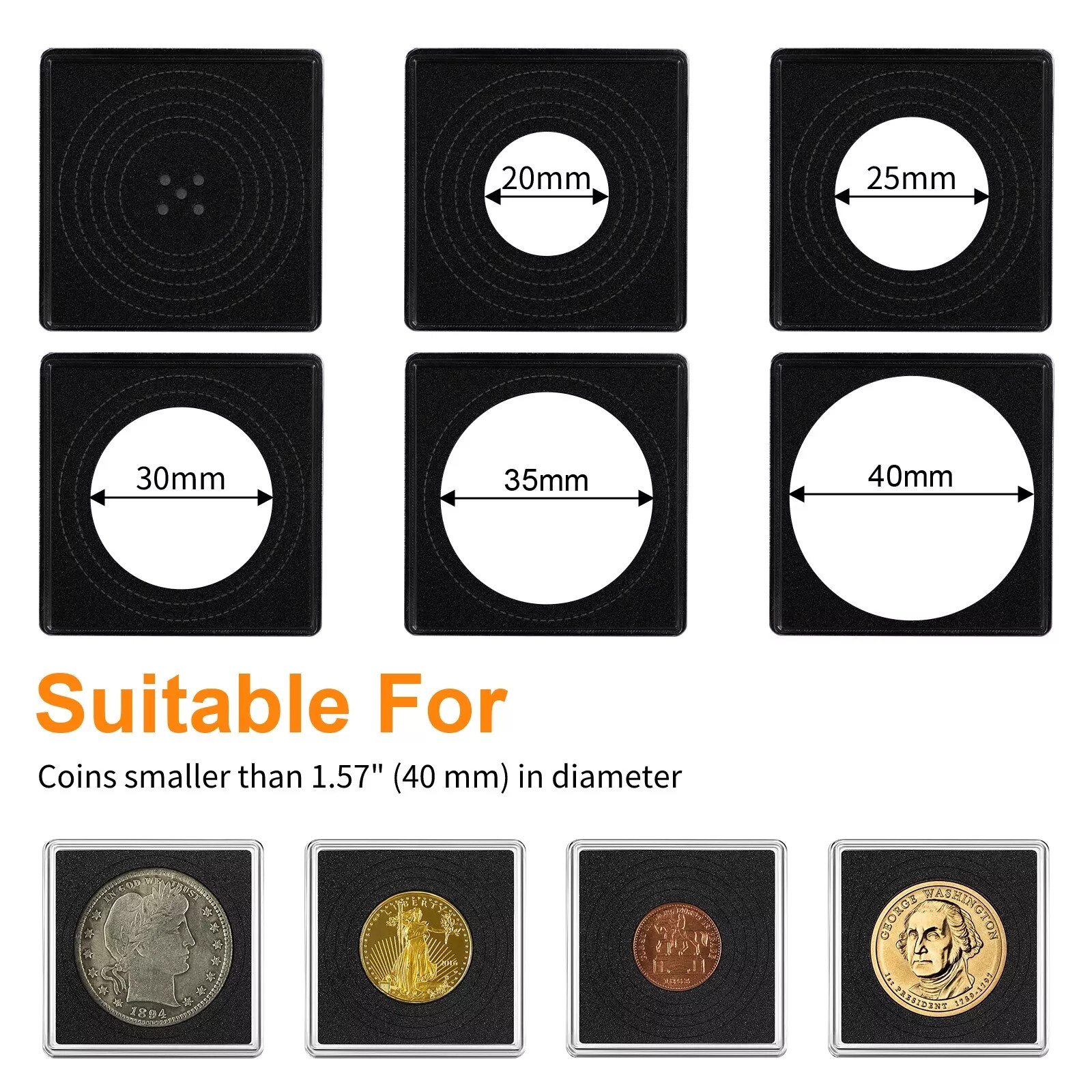 30Pcs Adjustable Acrylic Coin Collection Cases with Sponges Coin Snap Holder USA
