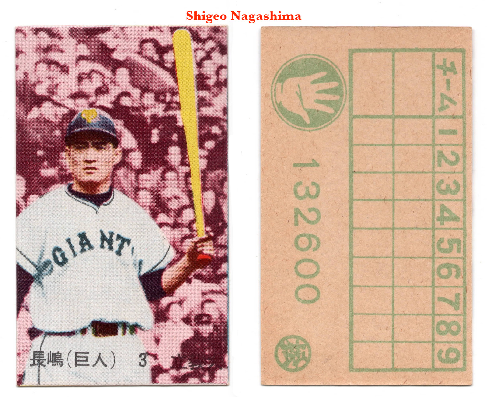 1958 JCM32b ‘Scoreboard’ Baseball MENKO Card~ SHIGEO NAGASHIMA ~HOFer ~ROOKIE