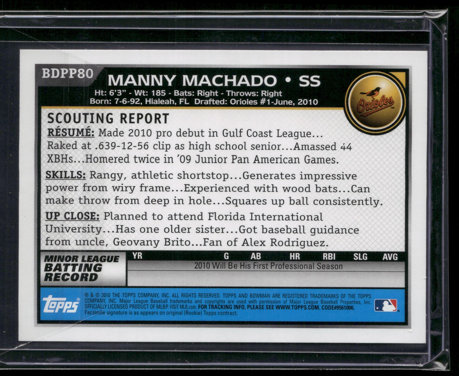 2010 Bowman Draft Picks & Prospects #BDPP80 Manny Machado Prospects