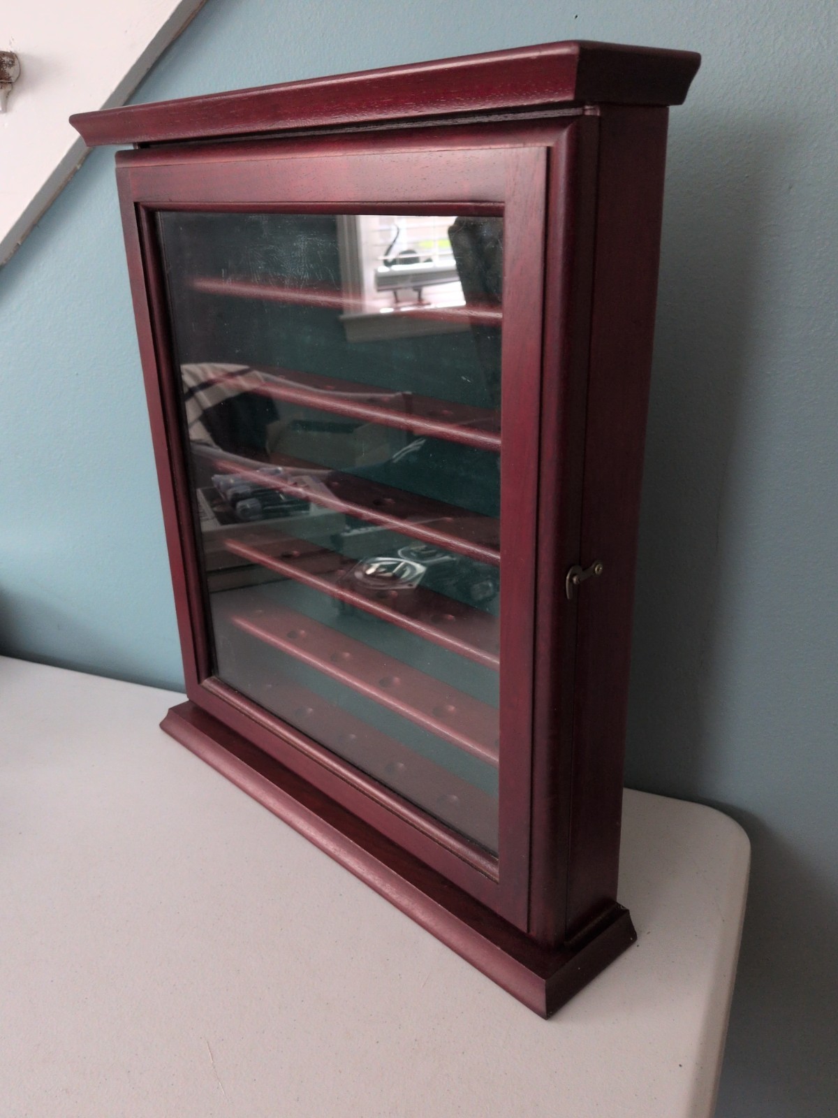 Cherry Mahogany Golf Ball Display Case Wood Cabinet Wall Mount Holds 36 18x16x3″
