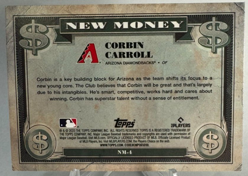 2023 Bowman Platinum New Money Corbin Carroll #NM-4 RC Rookie Arizona D-backs