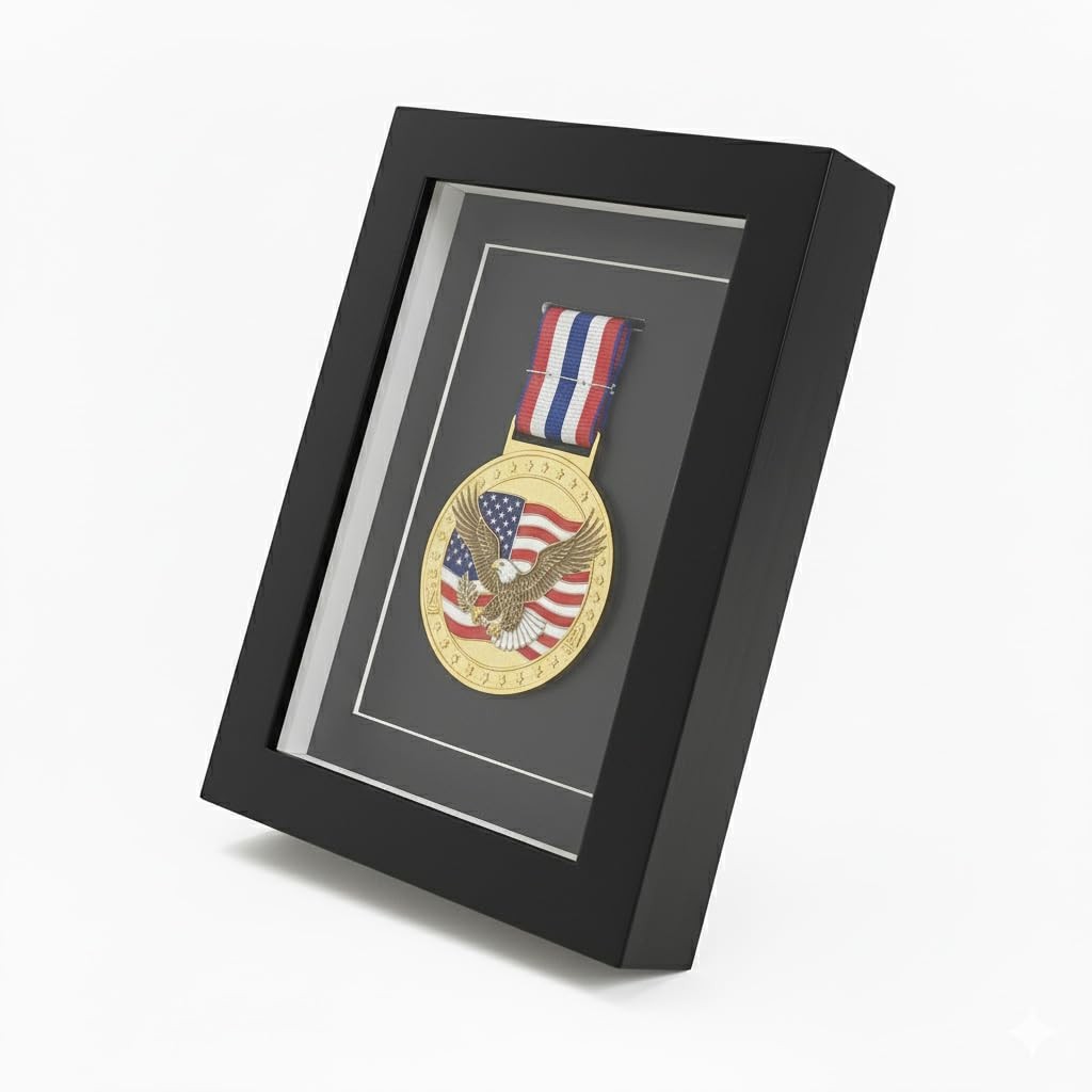 Medal Display Case Shadow Box 6×8 – Black Solid Wood Medal Frame with Real Gl…