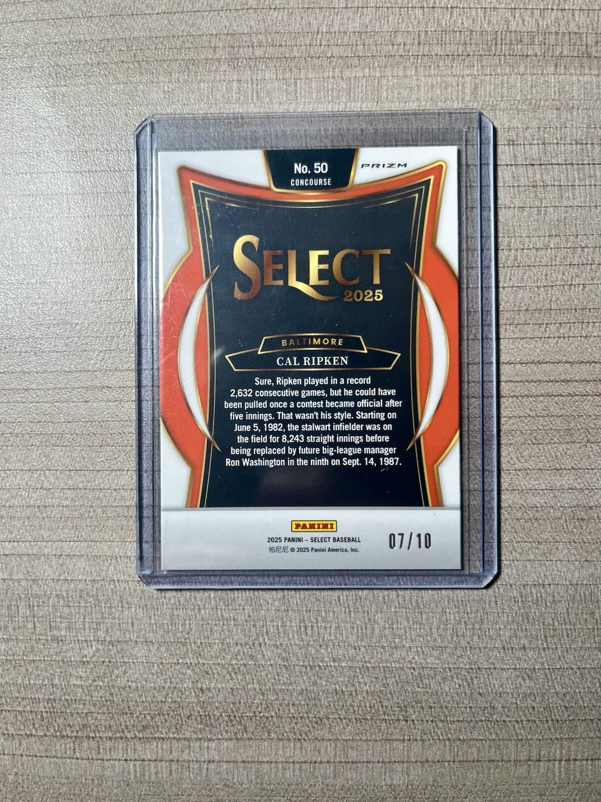 2025 Panini Select Baseball Cal Ripken Jr Gold Prizm #/10 – Baltimore Orioles