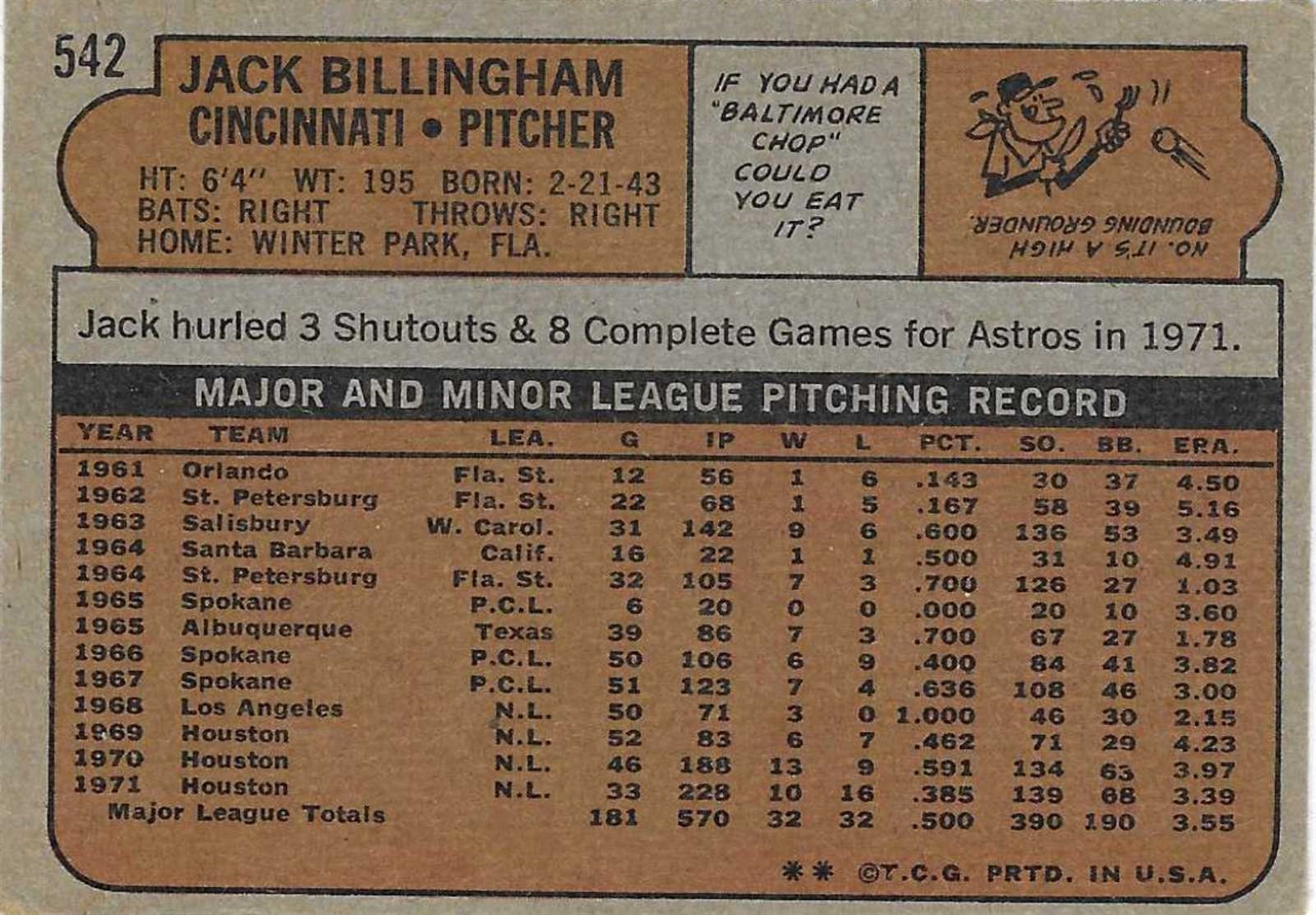 1972 TOPPS – #542 JACK BILLINGHAM (REDS)! TOUGH SEMI-HIGH NUMBER! GREAT CARD!