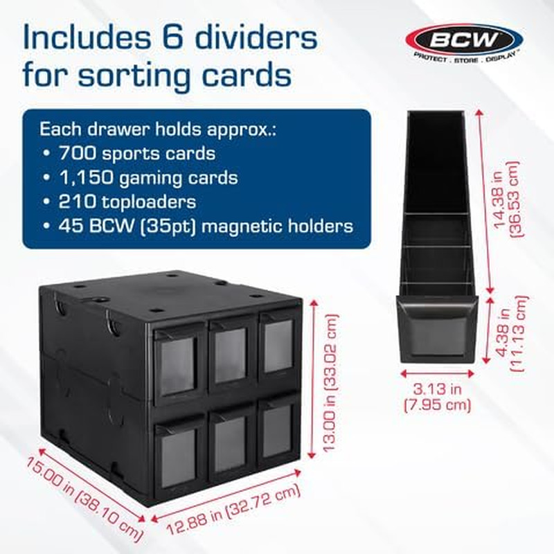 6 Drawer Card Catalog – Black | Stackable Trading Card Organizer Box | Holds Spo