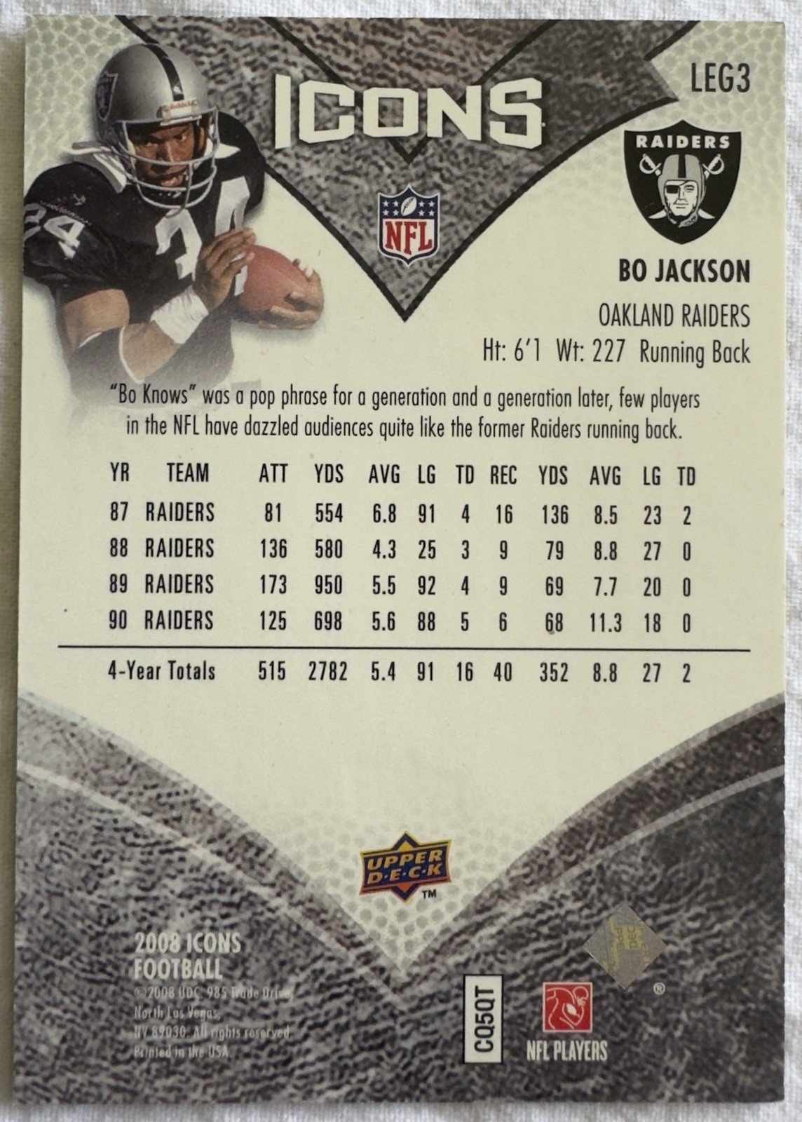 2008 Upper Deck BO JACKSON “ICONS” NFL LEGENDS 931/999