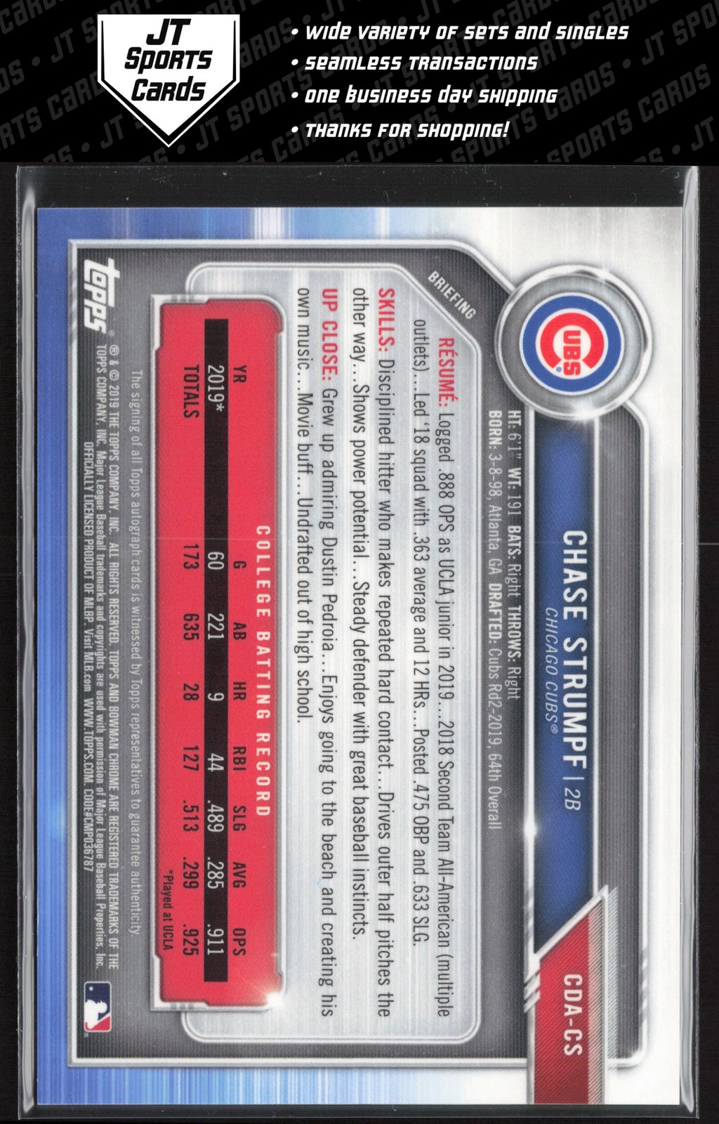 2019 Bowman Draft Chase Strumpf CDA-CS 1st Auto Chicago Cubs