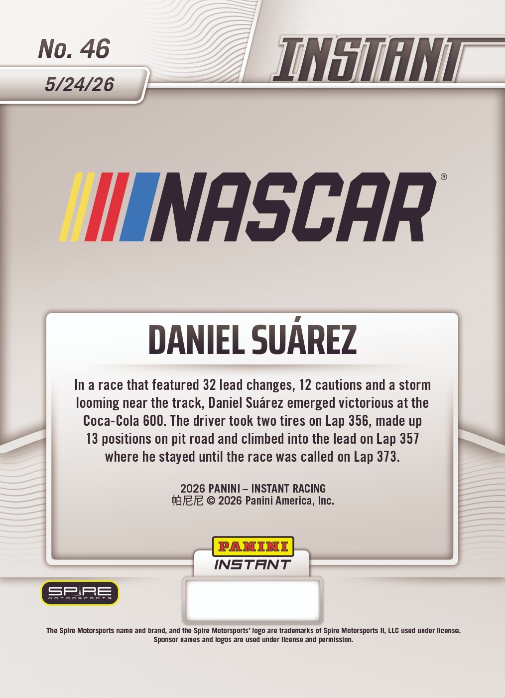 Daniel Suarez COCA COLA 600 WIN – 2026 Panini Instant NASCAR #46 card PRESALE 🏁