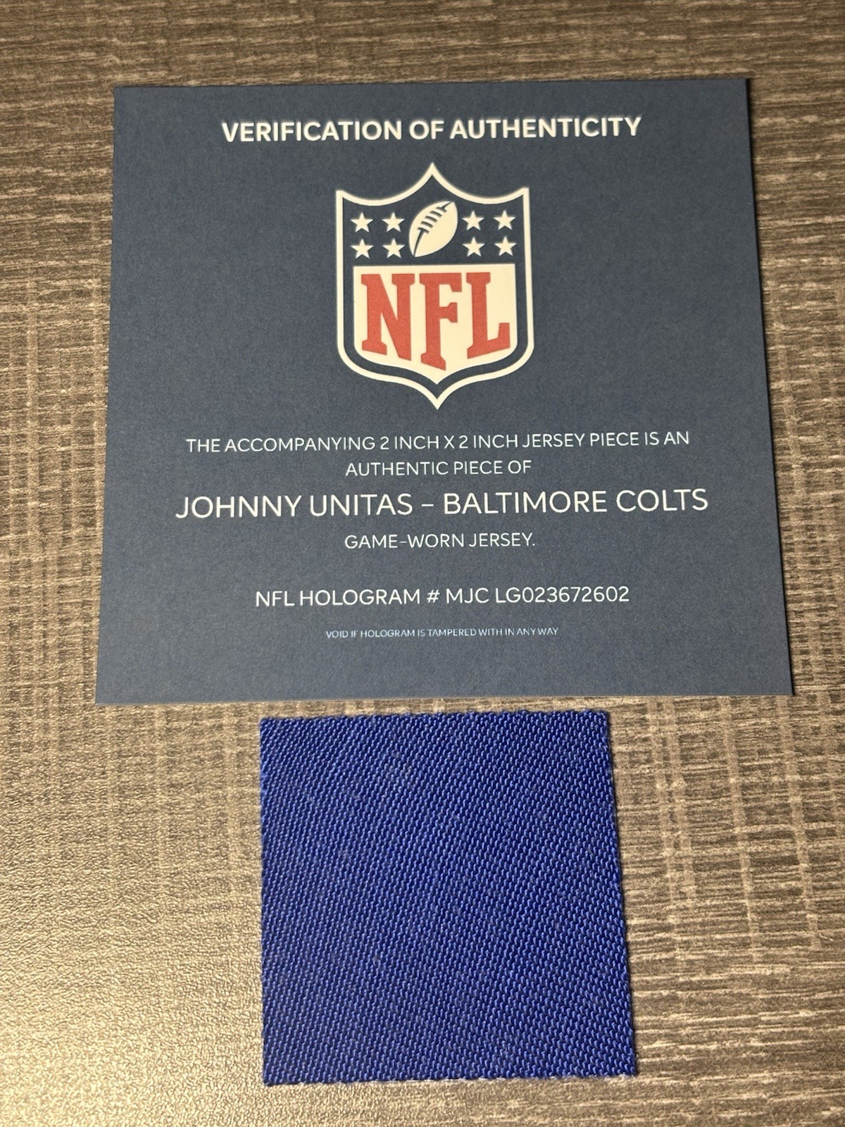 JOHNNY UNITAS GAME USED WORN PATCH NFL COA HOLOGRAM COLTS HOF FANATICS FEST GU