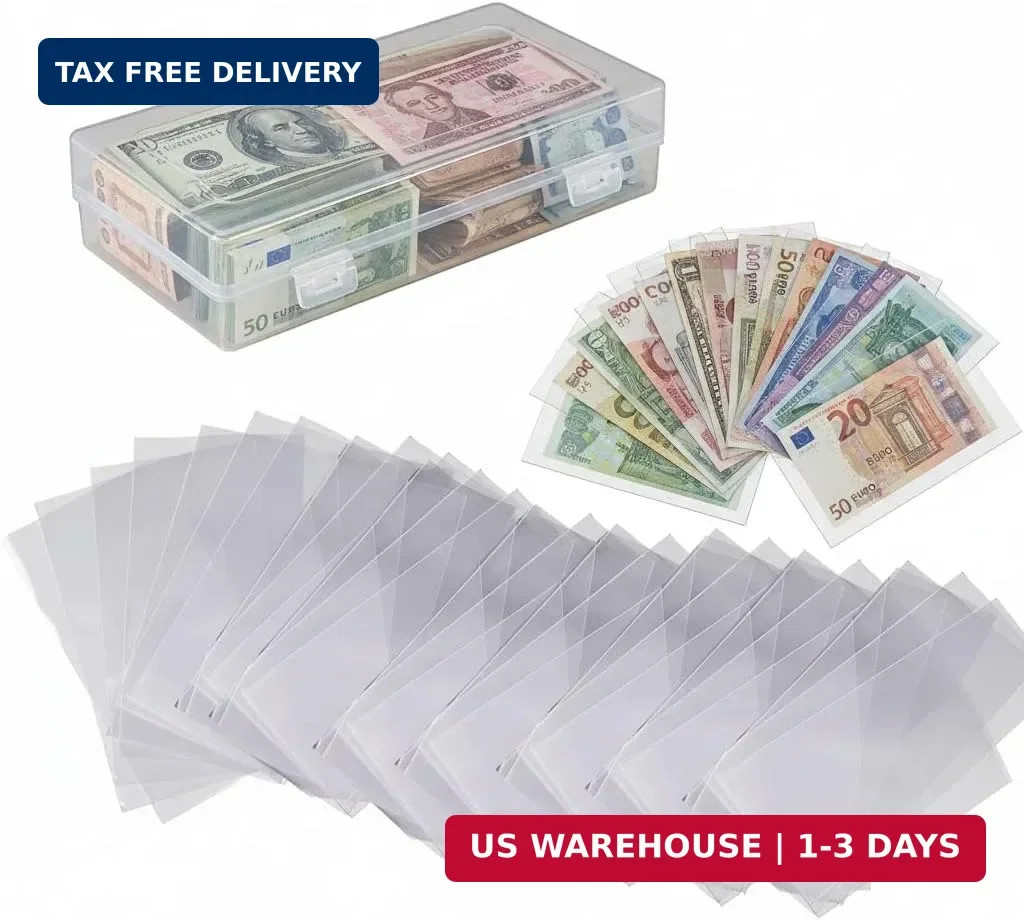 300 Pack Currency Sleeves with Storage Box – Archival Quality Bill Protectors fo