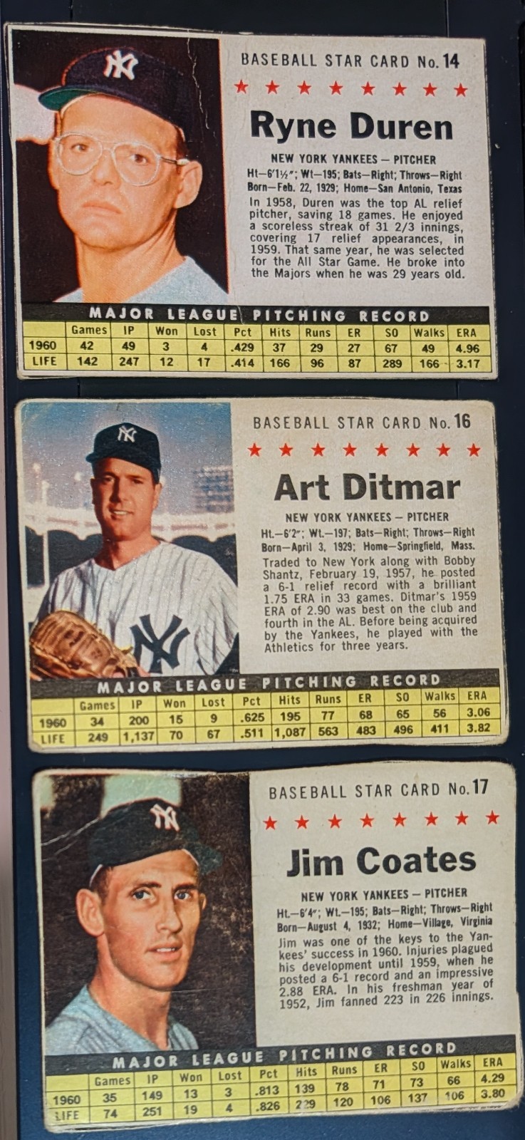 1961 Post lot of 3 – Yankee Pitchers 14-Duren 16-Ditmar 17-Coats Lower grade