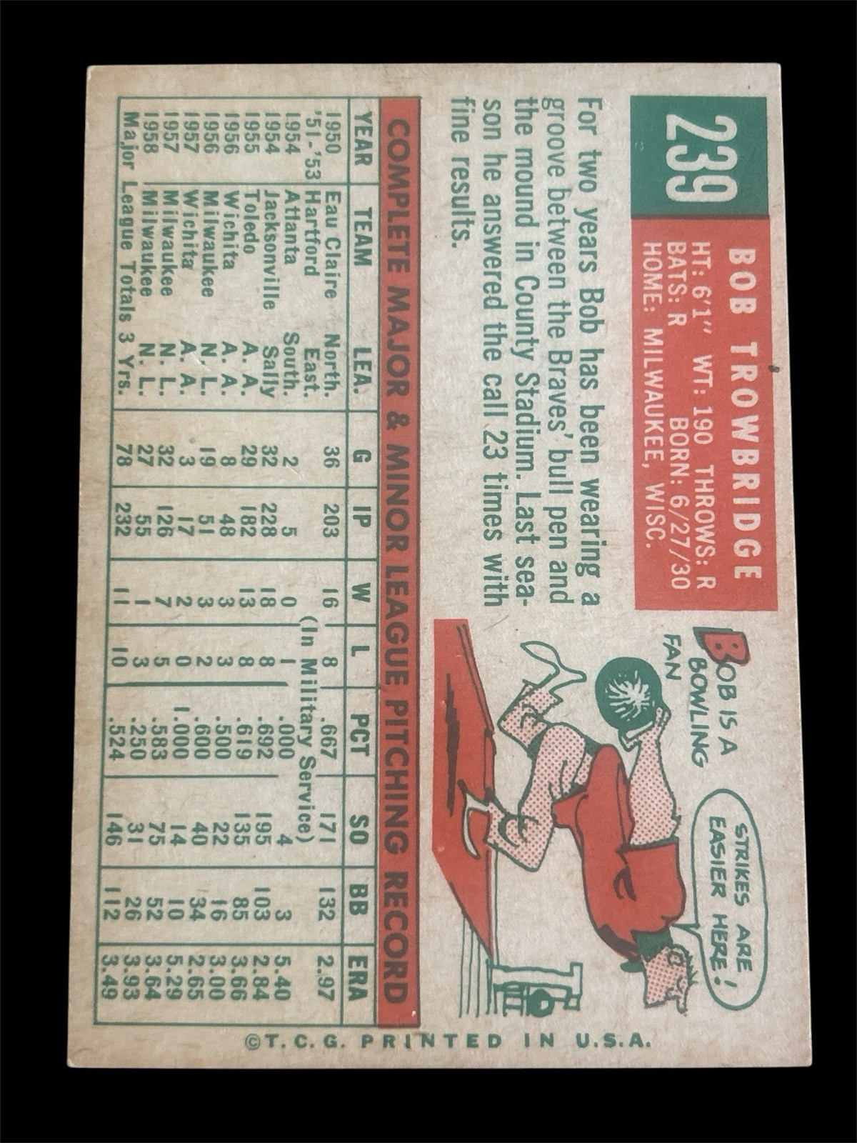 1959 Topps Bob Trowbridge. #239. Ex++