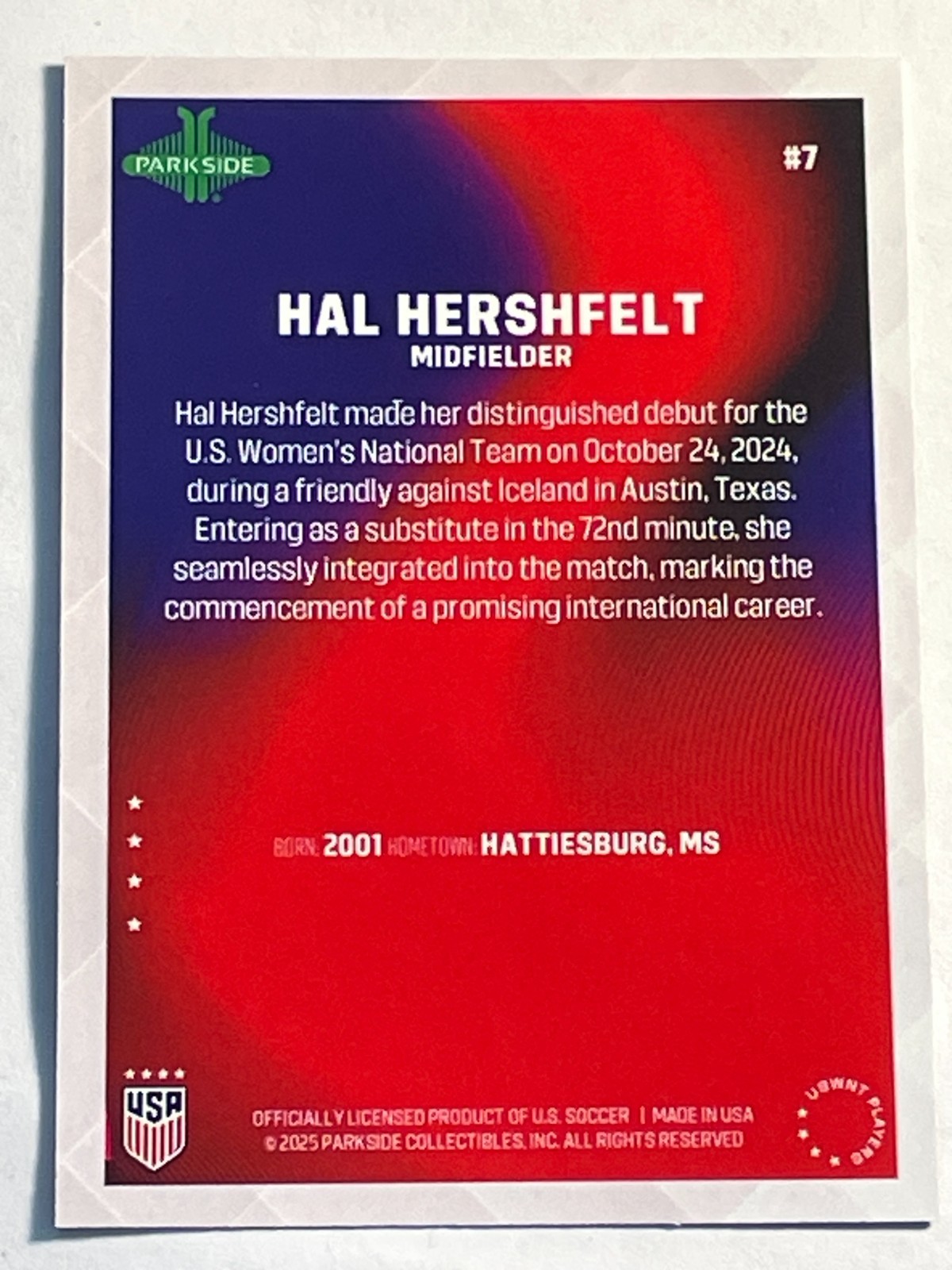 Hal Hershfelt 2025 Parkside Fresh Faces USWNT NWSL #7 In-Hand!