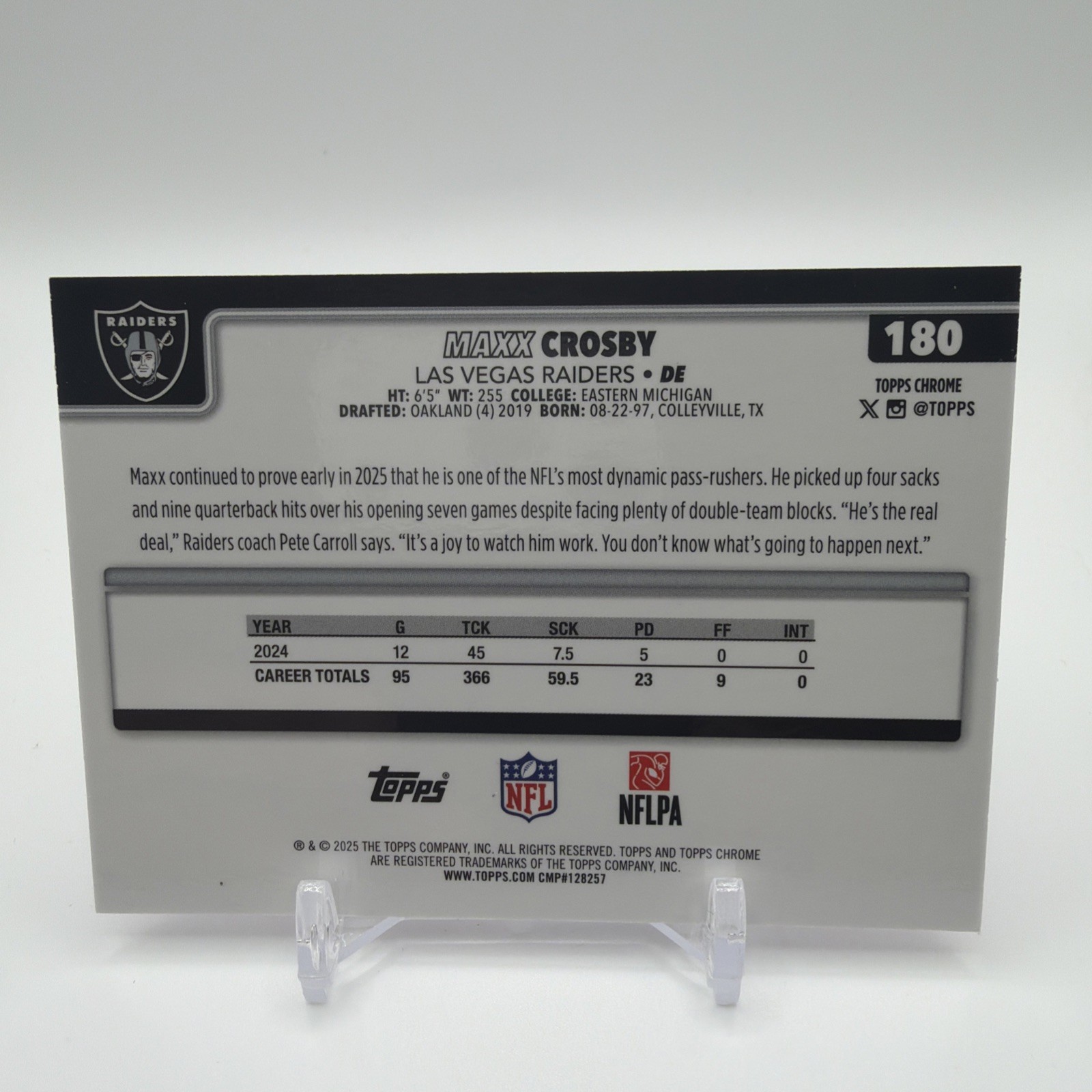 Maxx Crosby 2025 Topps Chrome Pink Wave Refractor /250 #180 – Las Vegas Raiders