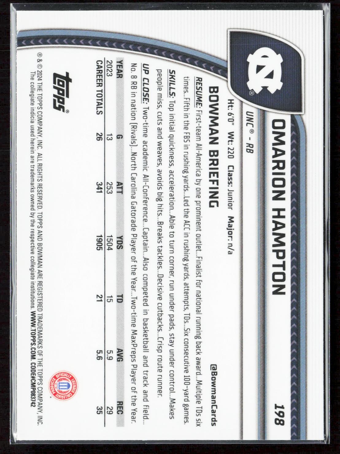 2024 Bowman University Chrome Sapphire Edition #198 Omarion Hampton