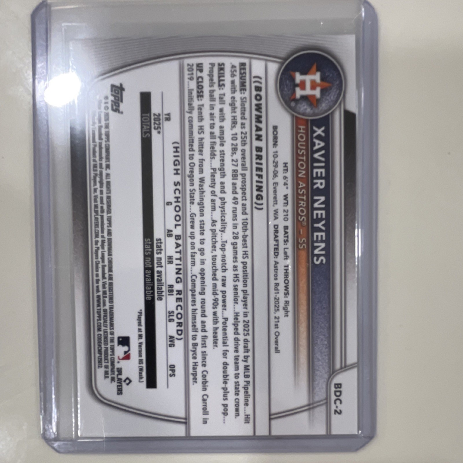 TOPPS 2025 BOWMAN DRAFT CHROME 1ST EDITION XAVIER NEYENS HOUSTON ASTROS BDC-2