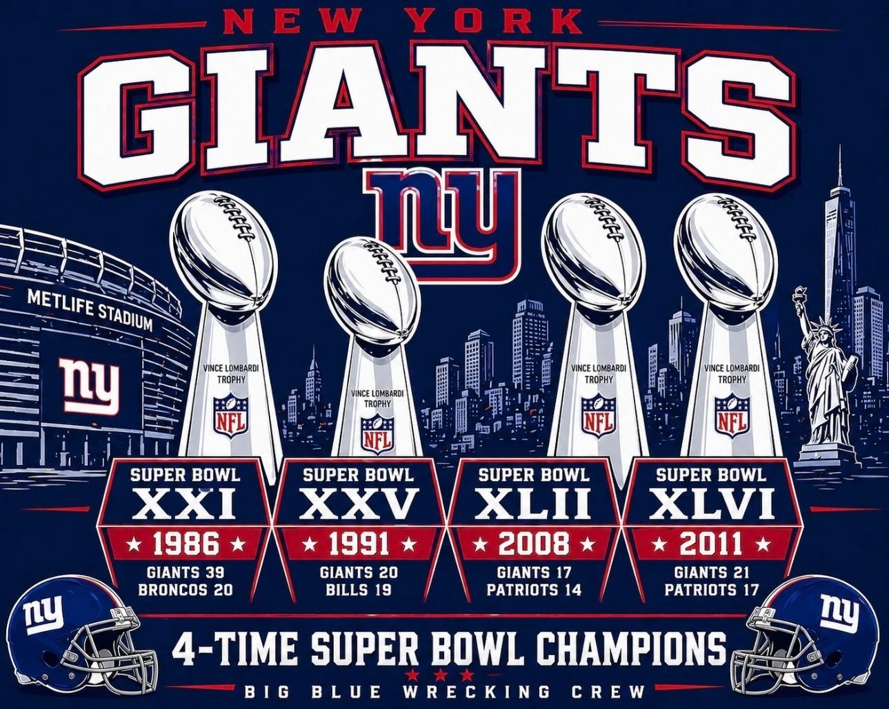 (2) New York Giants 4X Super Bowl Champions Decals 5×4 Full Color Vinyl Stickers