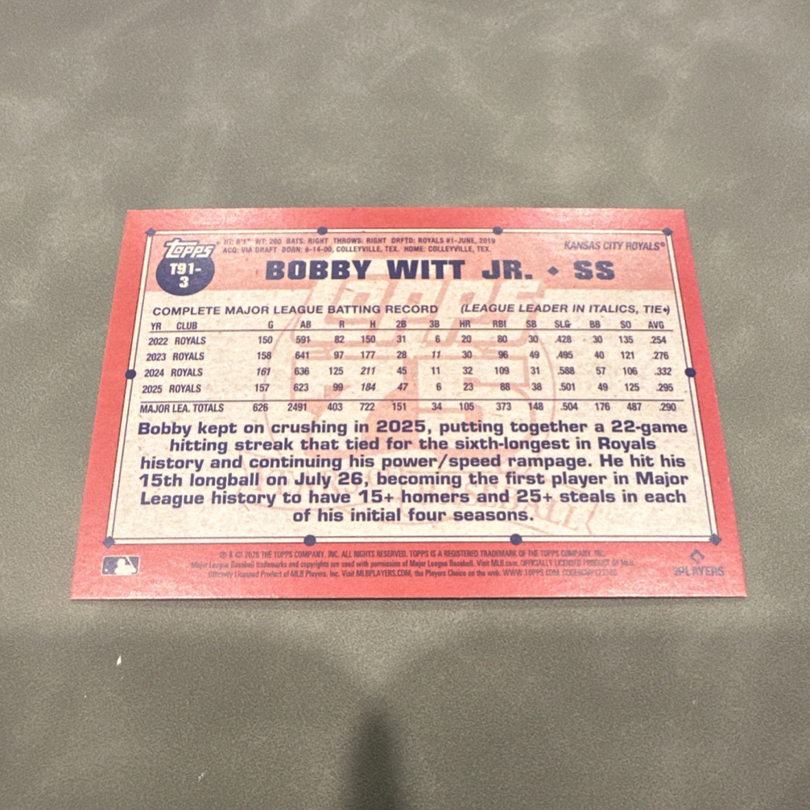Topps 2026 Sparkle Parallel Bobby Witt Jr. T91-3 Kansas City Royals Card