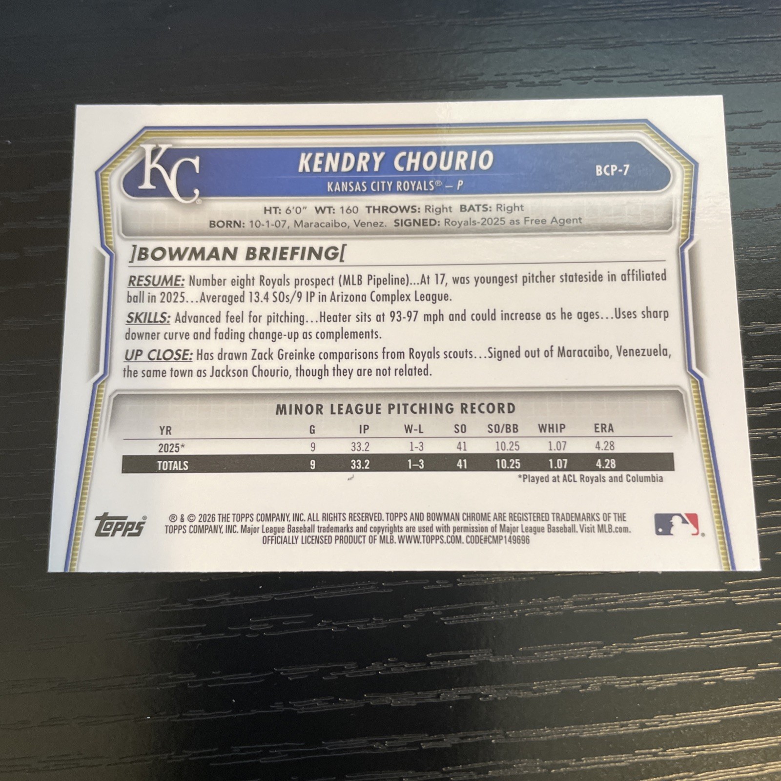 2026 Bowman Mega #BCP-7 Kendry Chourio 1st Prospect Mojo Refractor KC Royals