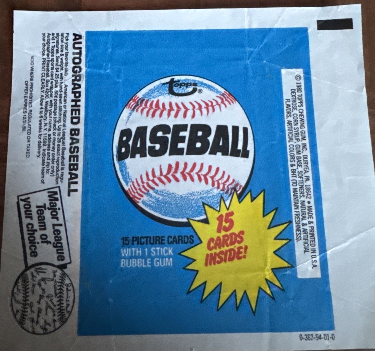1980 Topps Baseball MLB Empty Wax Wrapper GET EVERY 4TH FREE