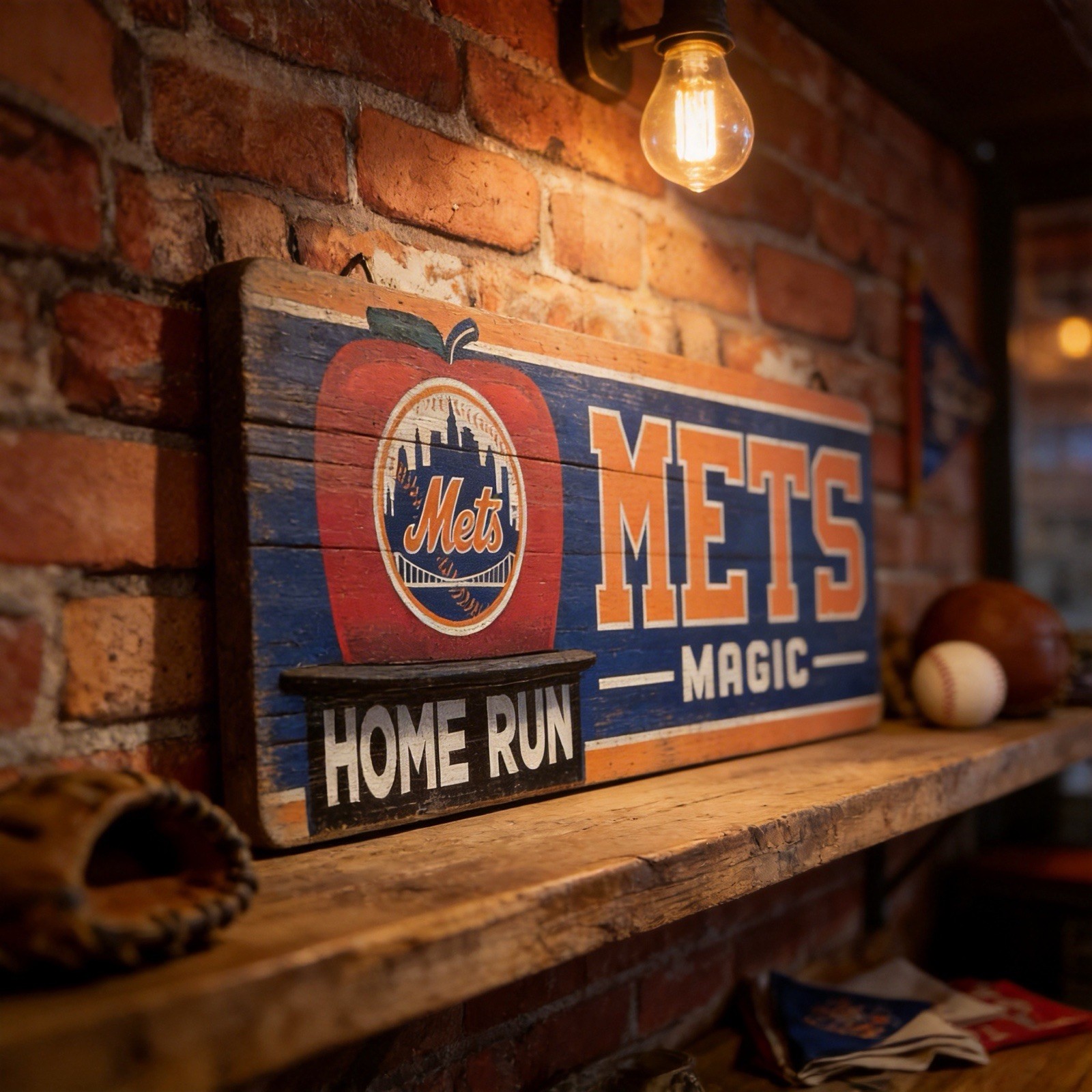 Large 10″x28″ Official Wooden NY Mets Wall Decor. Ships Free!