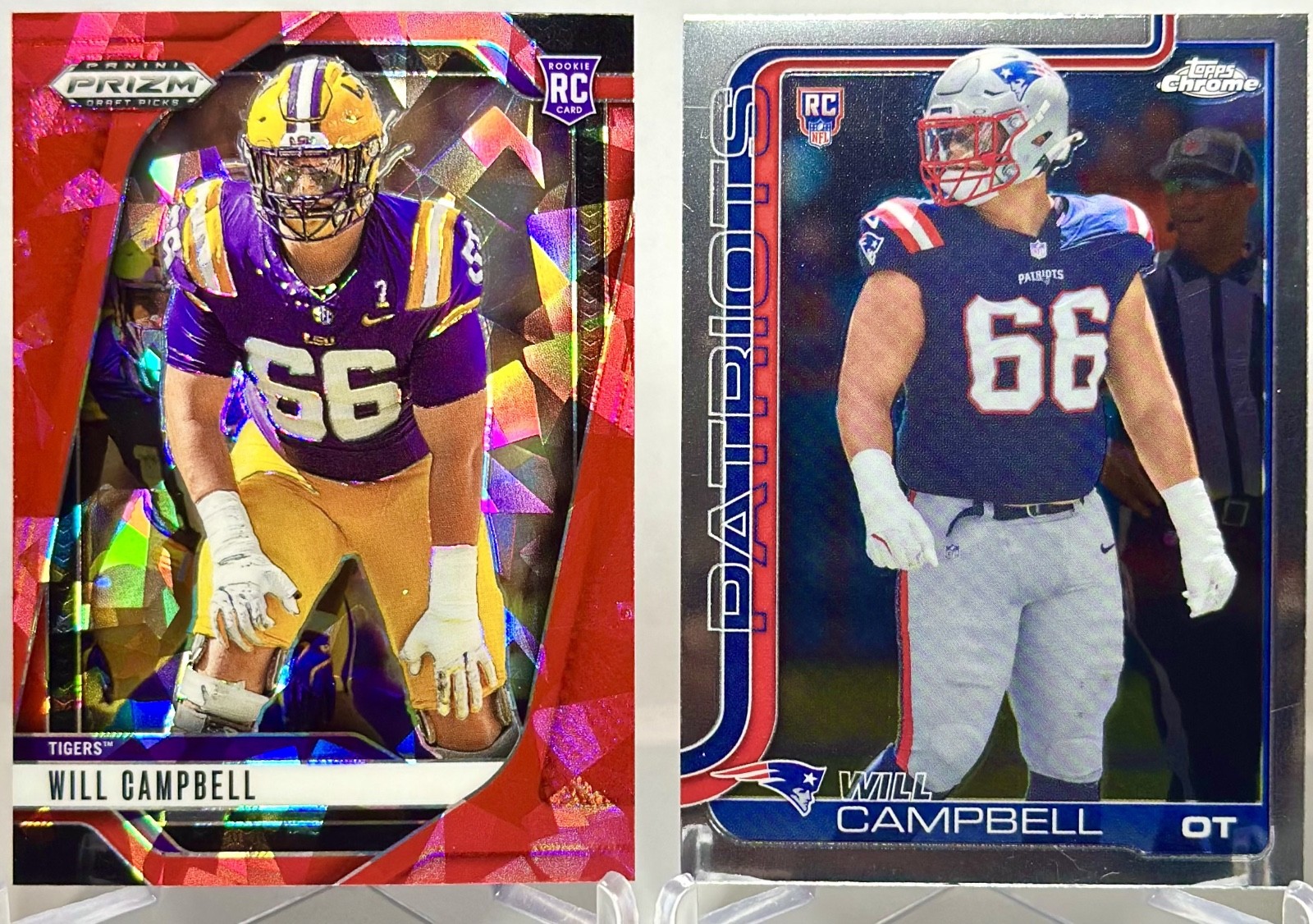 2025 Topps Chrome Will Campbell #379 (RC) & Red Ice Prizm #54 – NE Patriots🔥📈