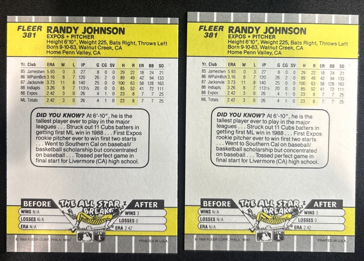 1989 Fleer – Randy Johnson #381 Black Box on Billboard (RC) X2