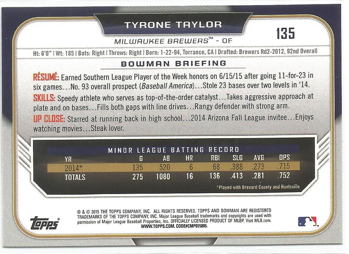 Tyrone Taylor Milwaukee Brewers 2015 Bowman Draft Prospect