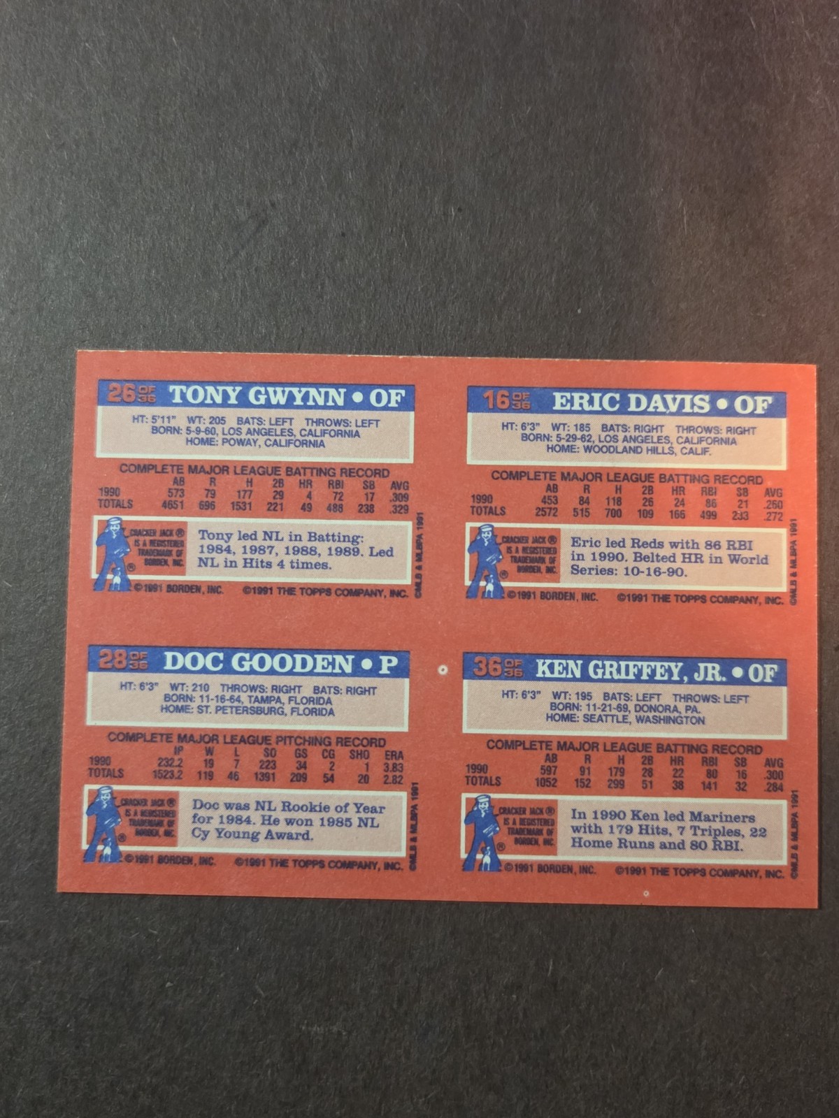 1991 Ken Griffey Jr. Cracker Jack Proof Davis, Gooden & Gwynn 4 In 1
