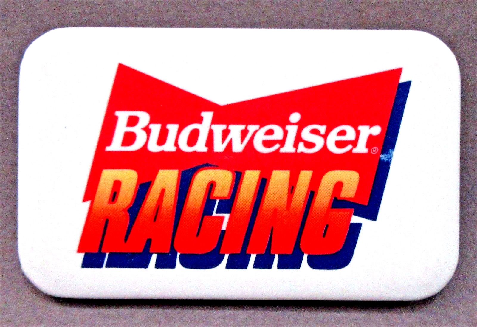 1990 BUDWEISER RACING rectangular pinback button hydroplane