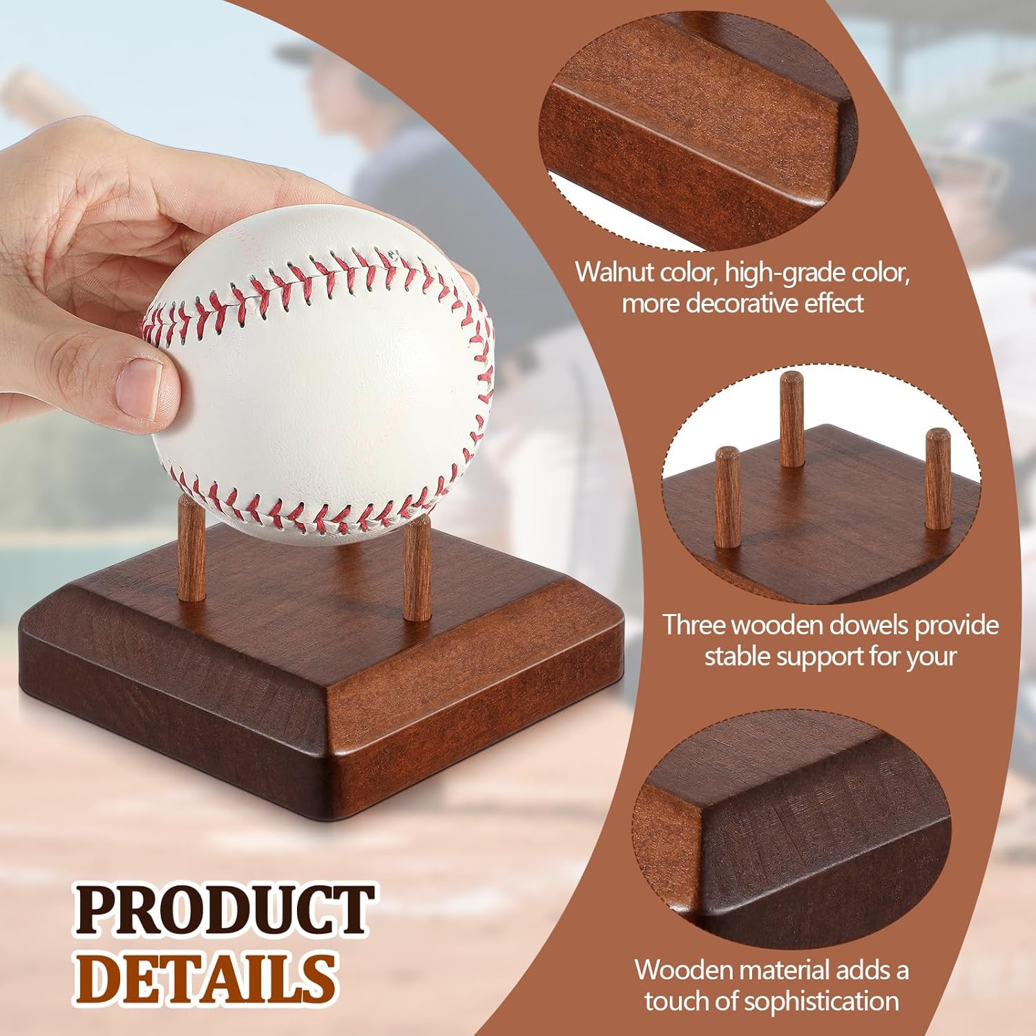 1 Pcs Baseball Display Holders Wooden Baseball Display Base with 3 Supporting Do