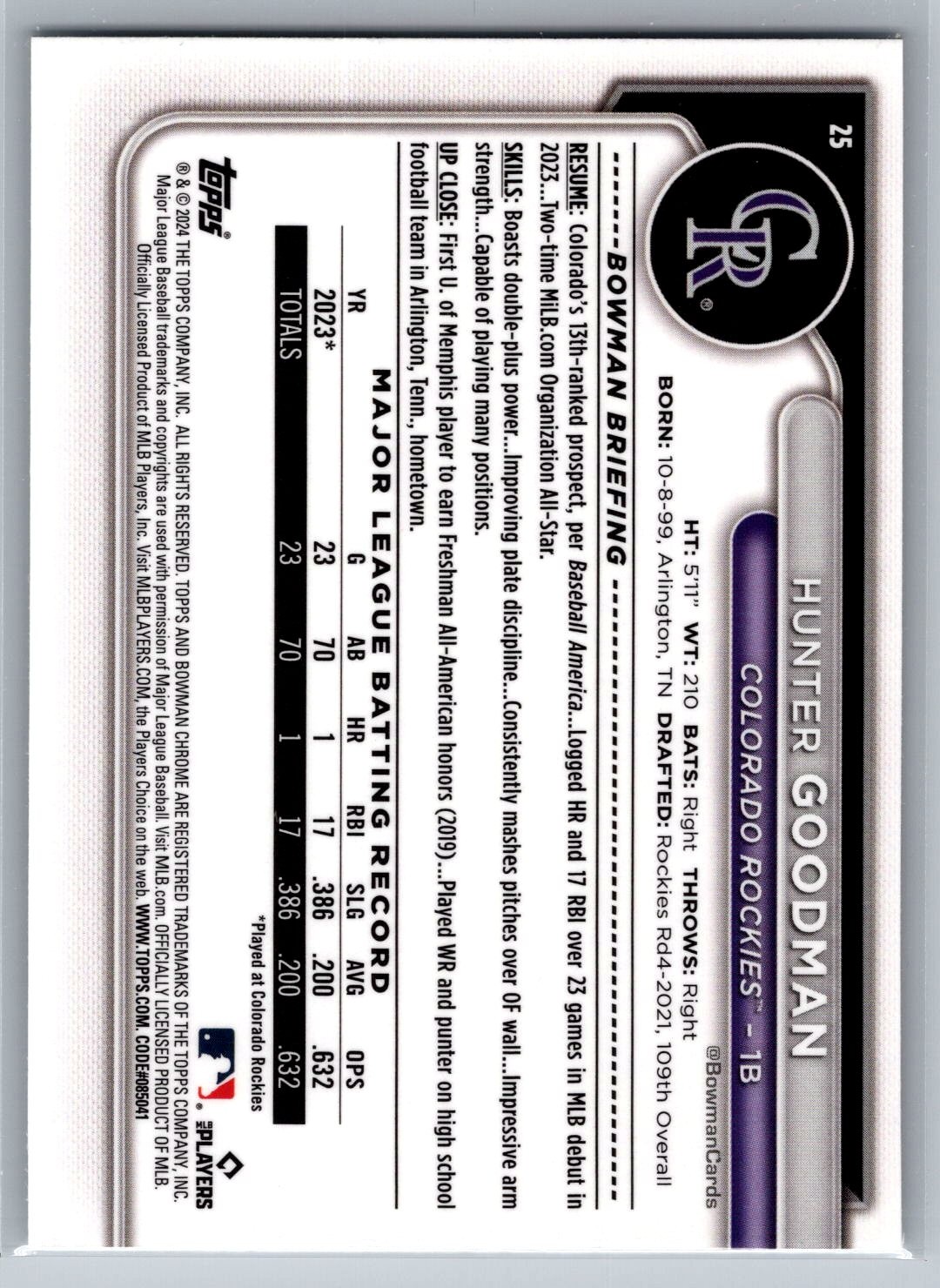 2024 Bowman Chrome #25 HUNTER GOODMAN RC Rookie Rockies