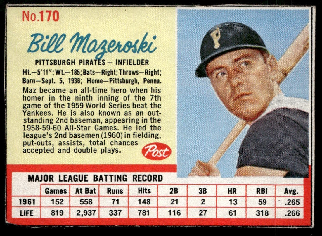 1962 Post Cereal Cut Out Card #170 Bill Mazeroski Pirates