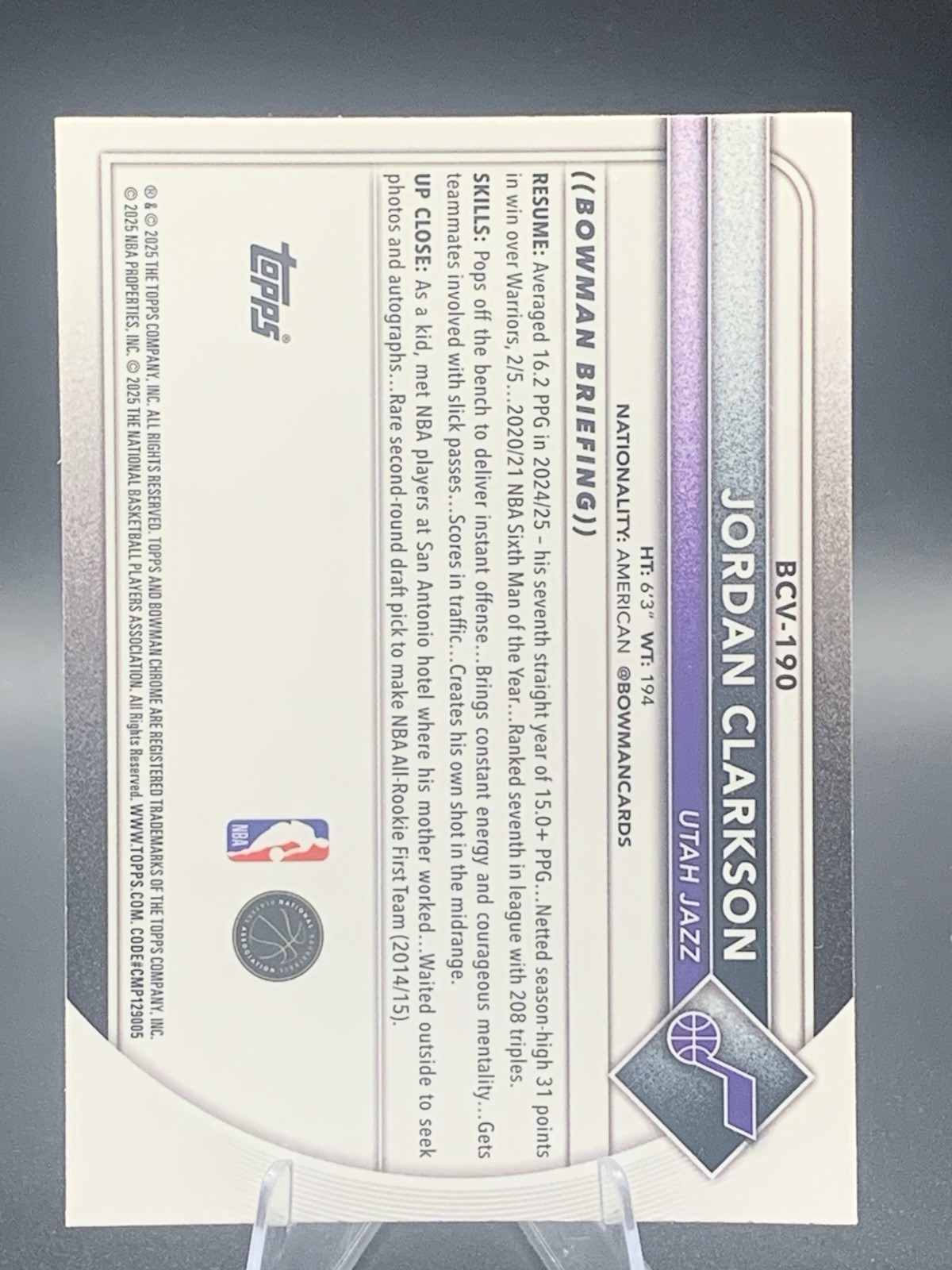 2025-26 Bowman – Chrome Jordan Clarkson #BCV-190 Fuchsia Mojo Refractor /299