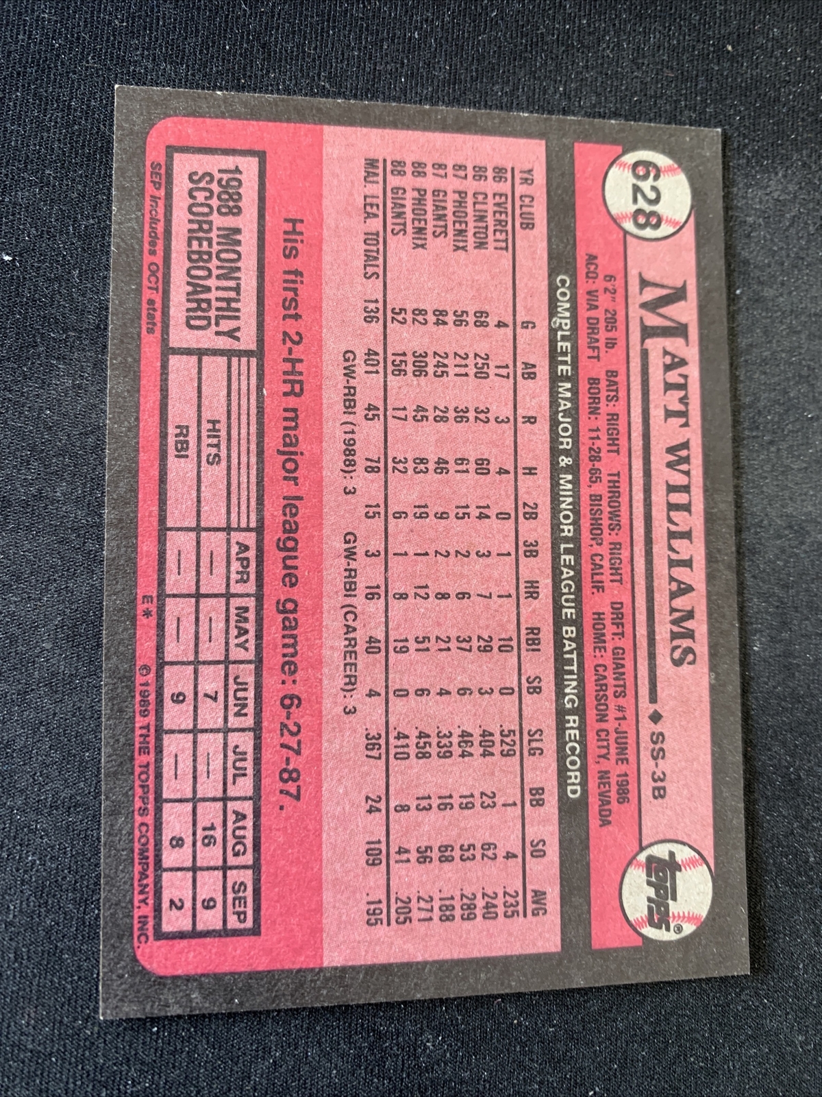 1989 Topps Baseball Card #628 Matt Williams San Francisco Giants NMMT Free Ship!