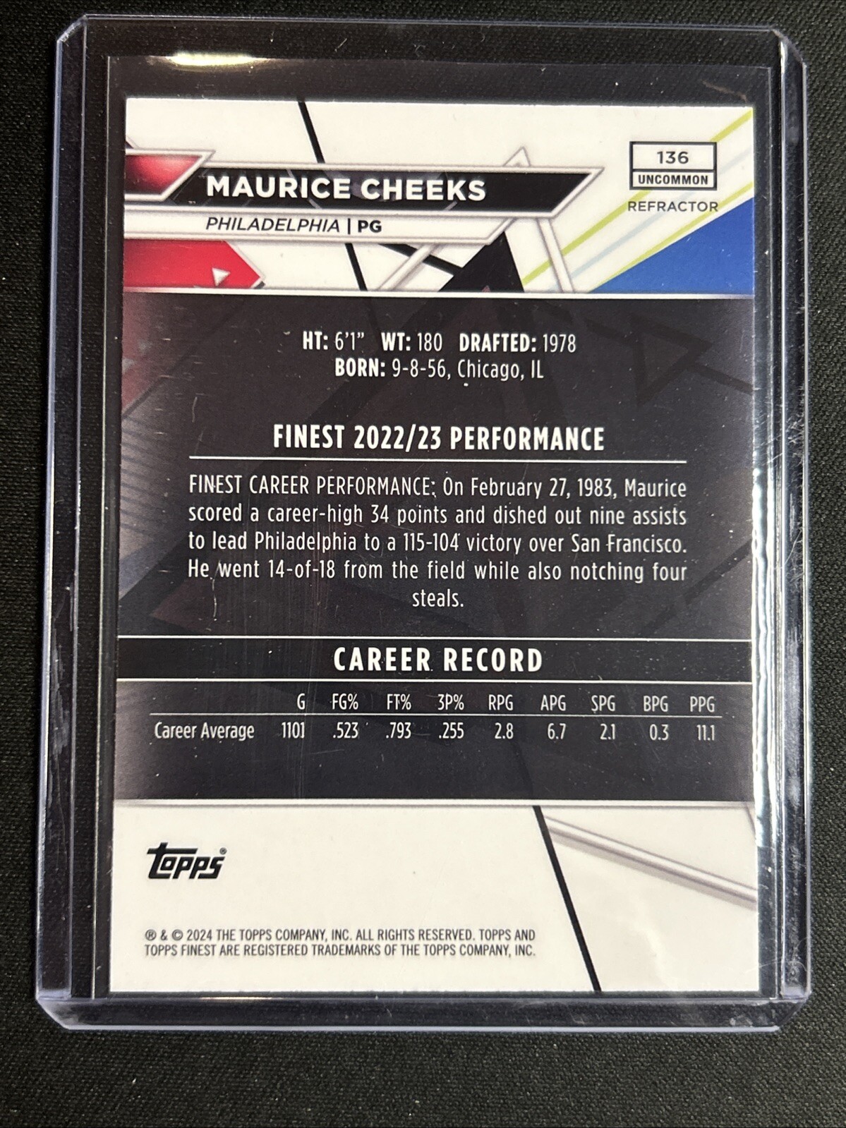 🔥Maurice Cheeks 2023-24 Topps Finest Silver Refractor #136 “Uncommon” SP 76ers
