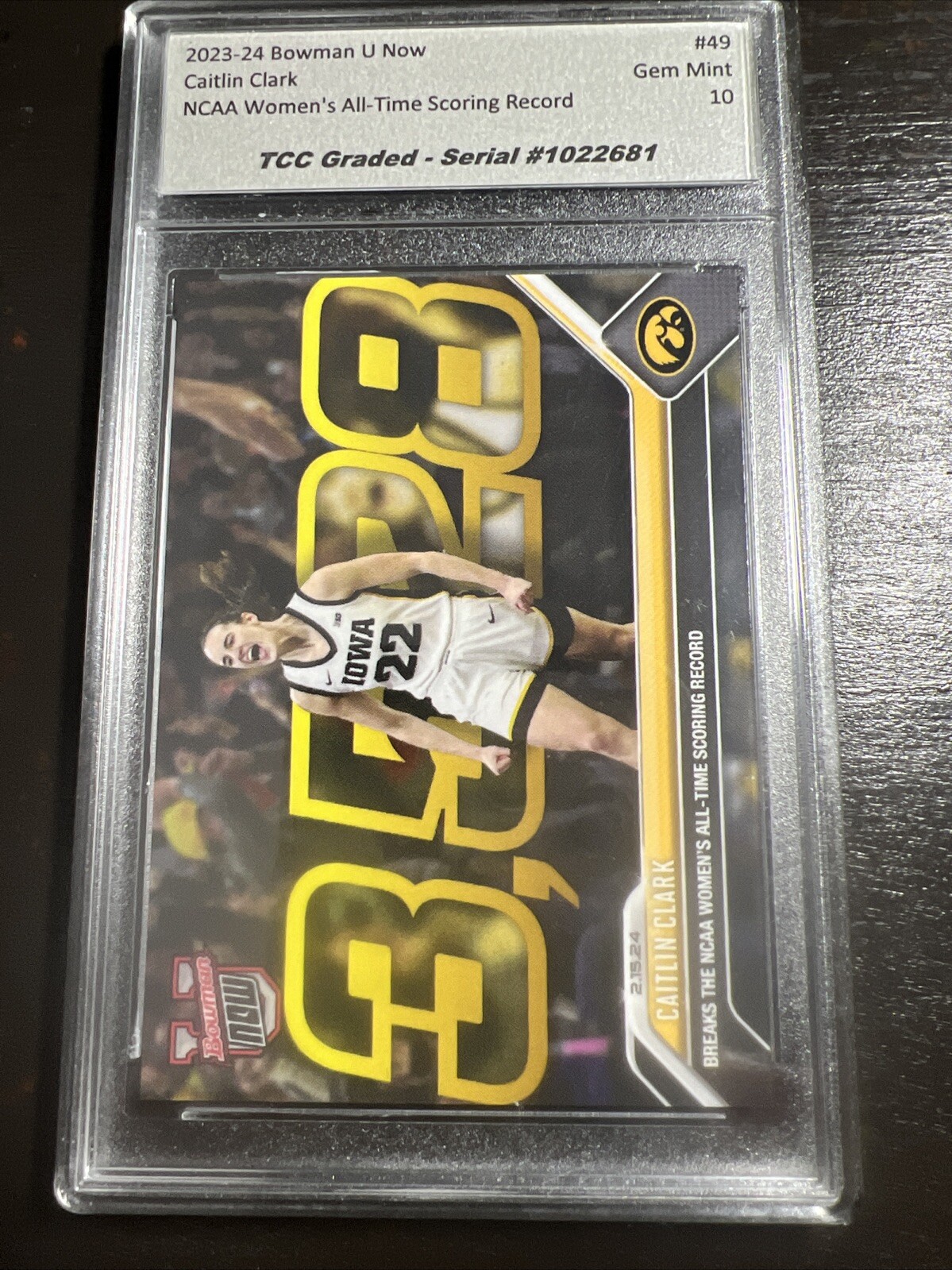 2023-24 Bowman U Now Caitlin Clark SCORING RECORD TCC Gem Mint 10