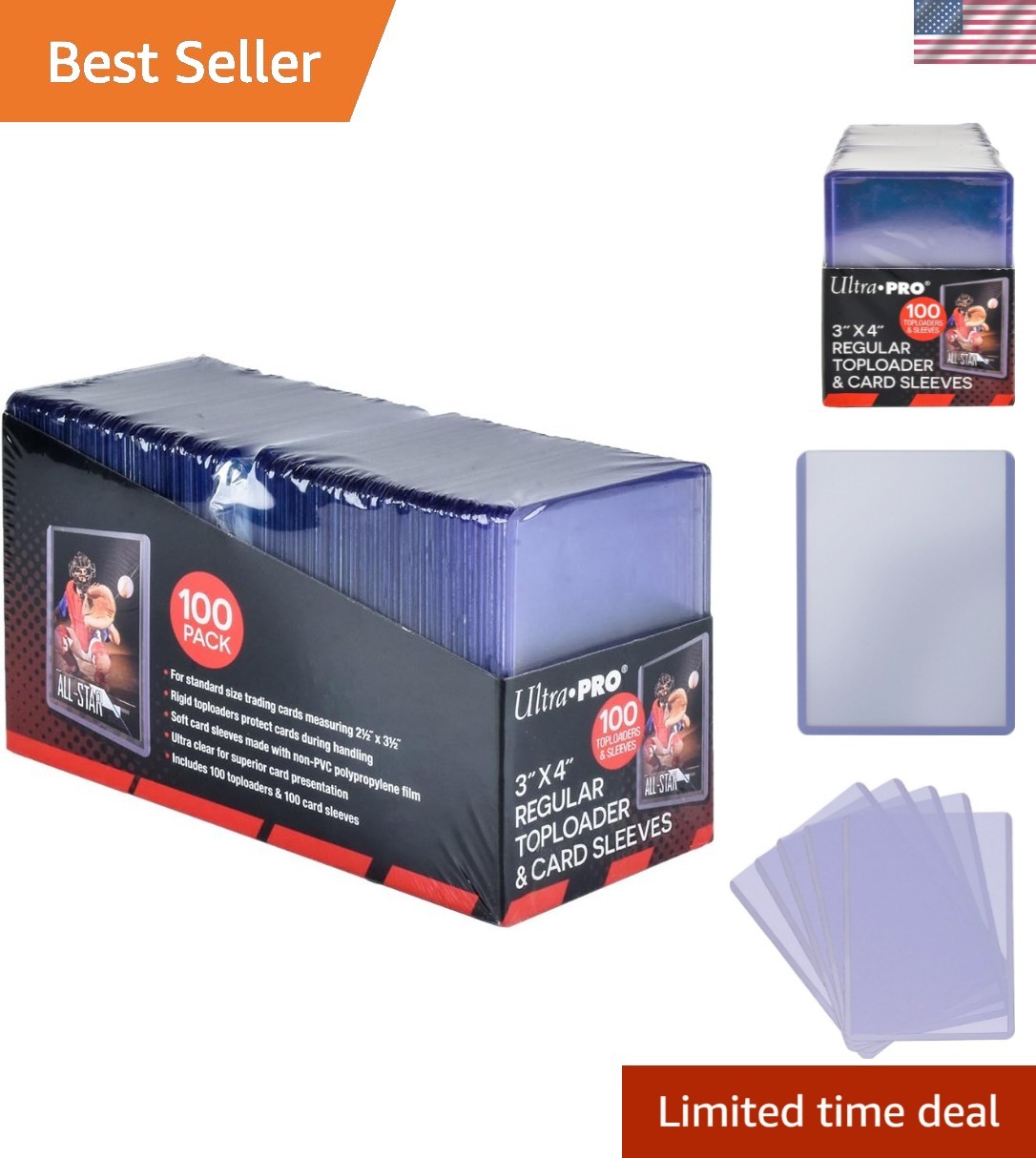 100ct Bundle: 3″ x 4″ Toploaders & Soft Sleeves for Trading Card Protection