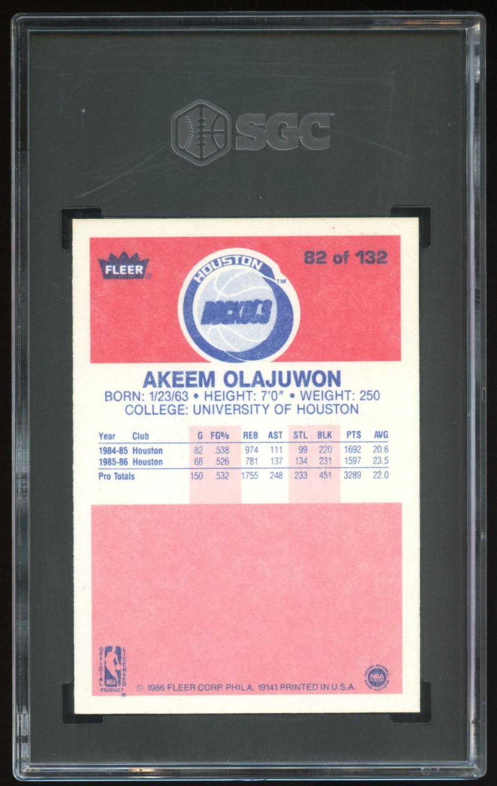 1986-87 Fleer Set-Break # 82 Akeem Olajuwon SGC 7 NM Houston Rockets The Dream