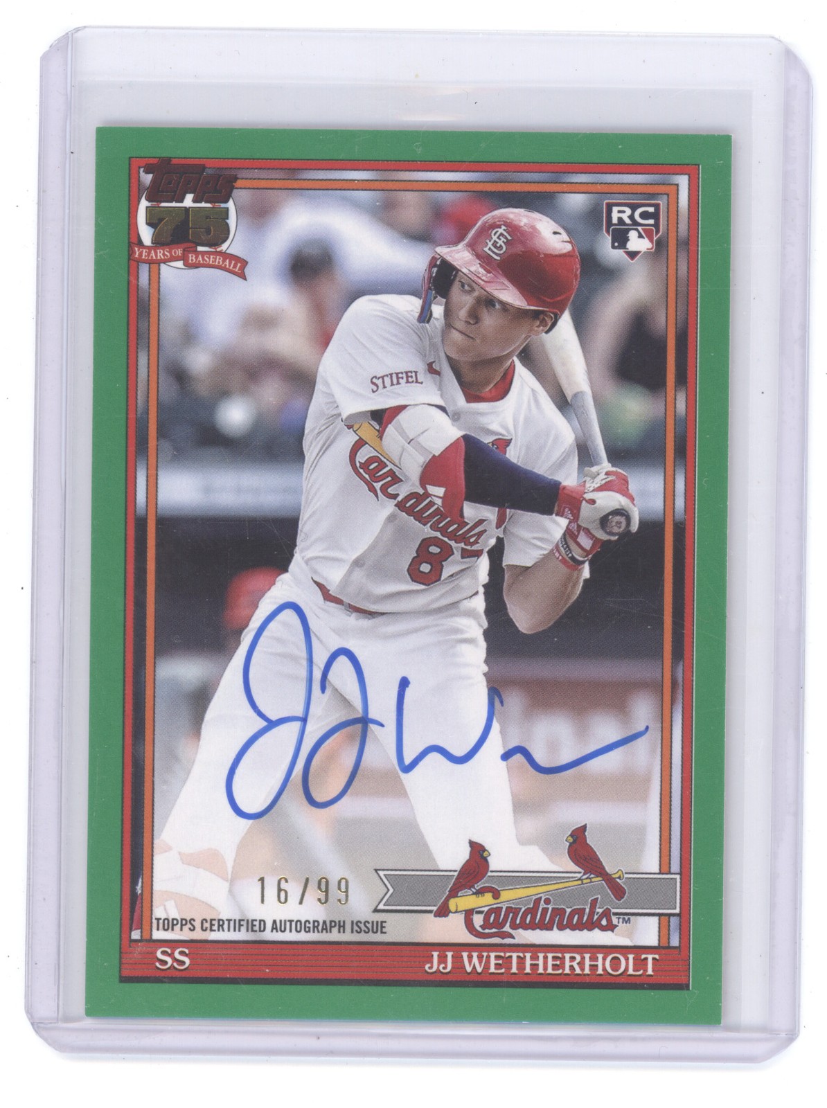 JJ WETHERHOLT 2026 TOPPS SERIES 2 ROOKIE GREEN AUTO /99 #91A-JJW CARDINALS Q1887