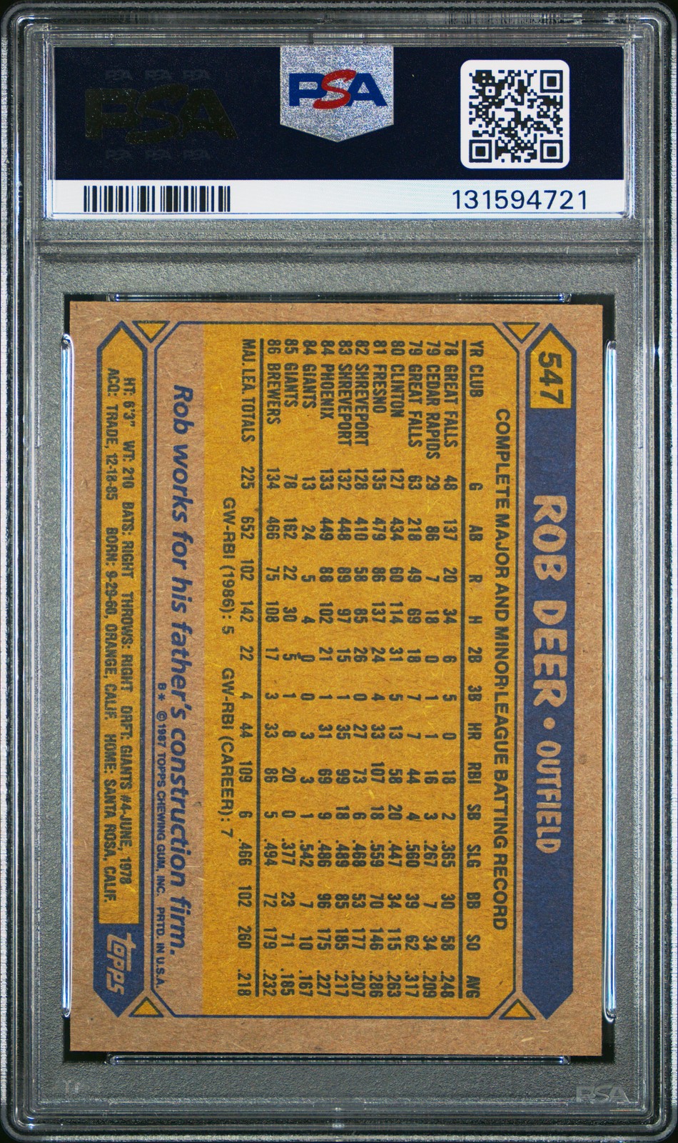 1987 TOPPS #547 ROB DEER PSA 5