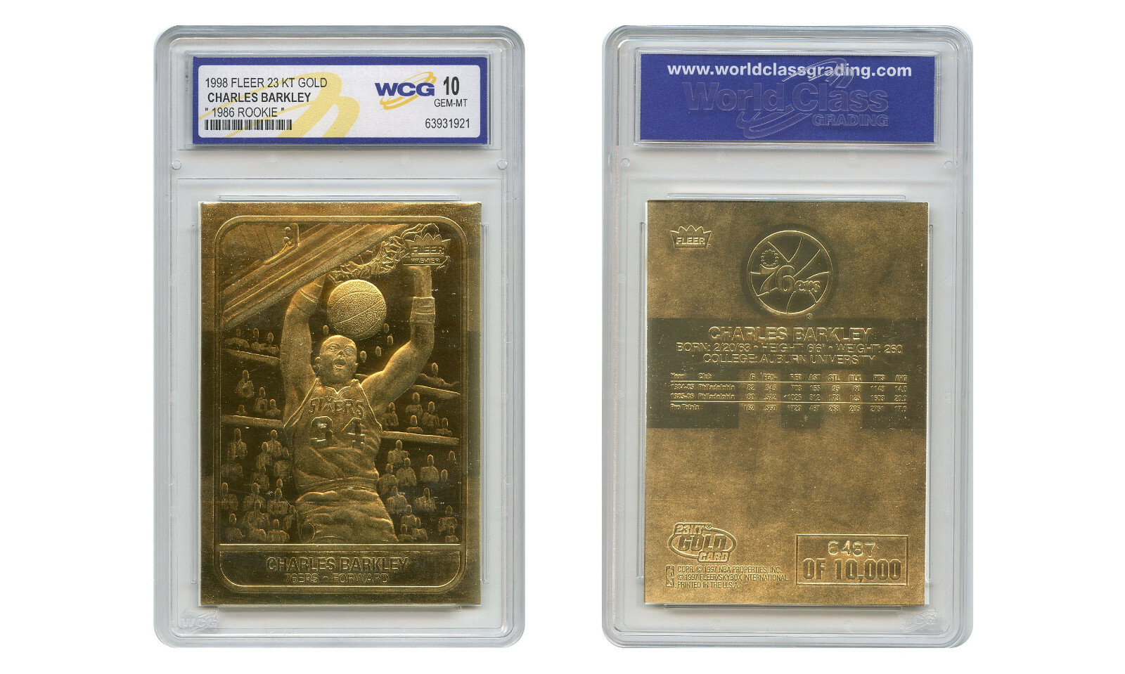 CHARLES BARKLEY 1986 Fleer Rookie 23KT Gold ’98 Card – Graded GEM Mint 10