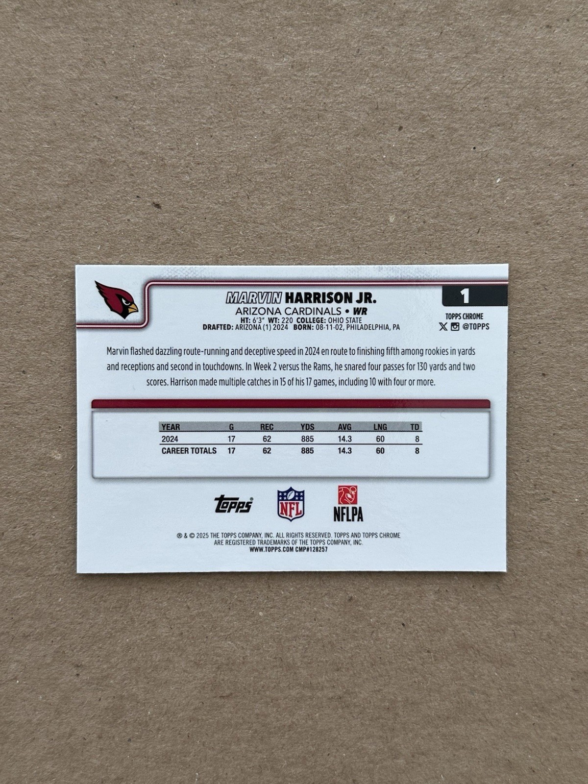 2025 Topps Chrome Marvin Harrison Jr #1 Aqua Wave Refractor /199 Cardinals