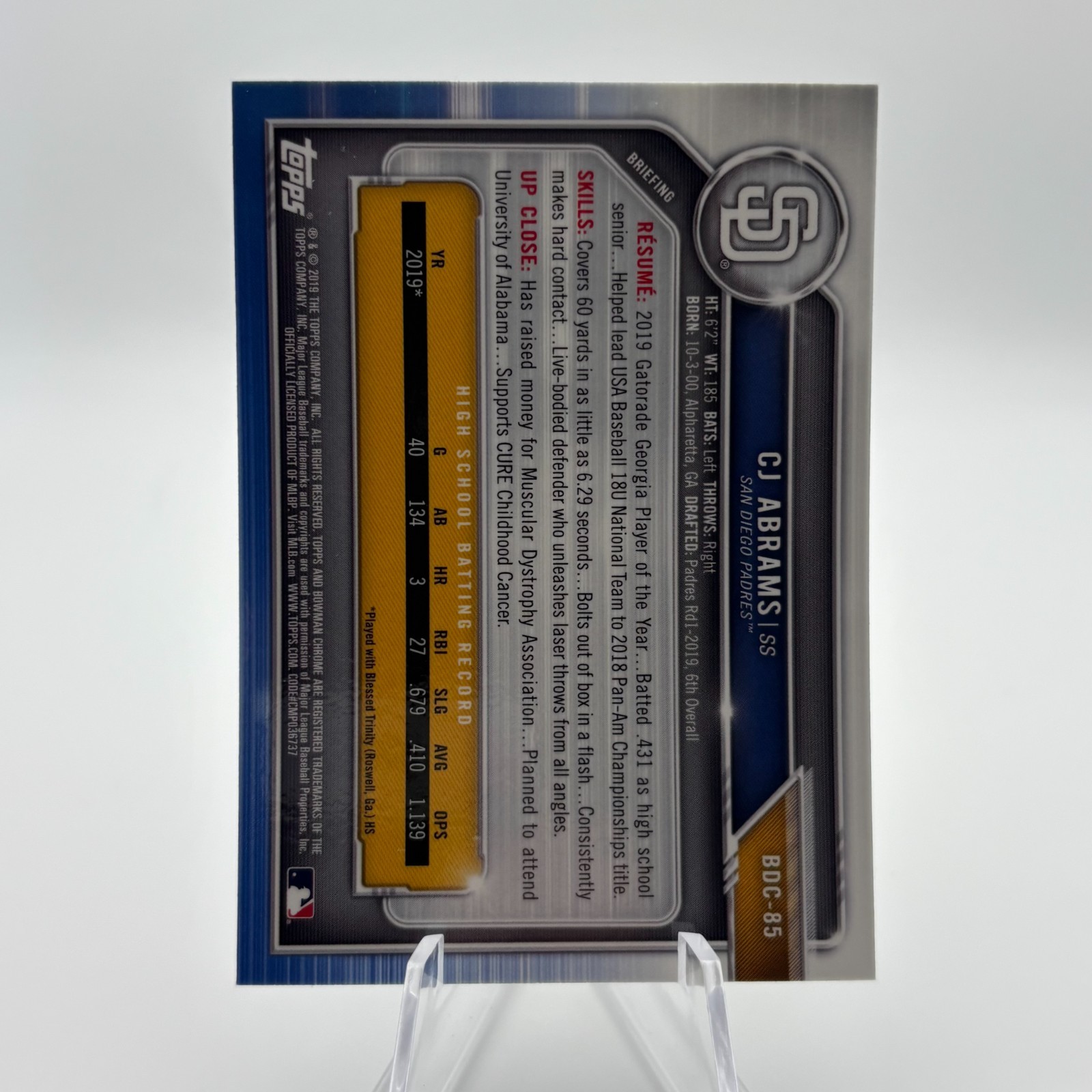 2019 Bowman Draft CJ Abrams #BDC-85 Chrome 1st Prospect San Diego Padres QTY