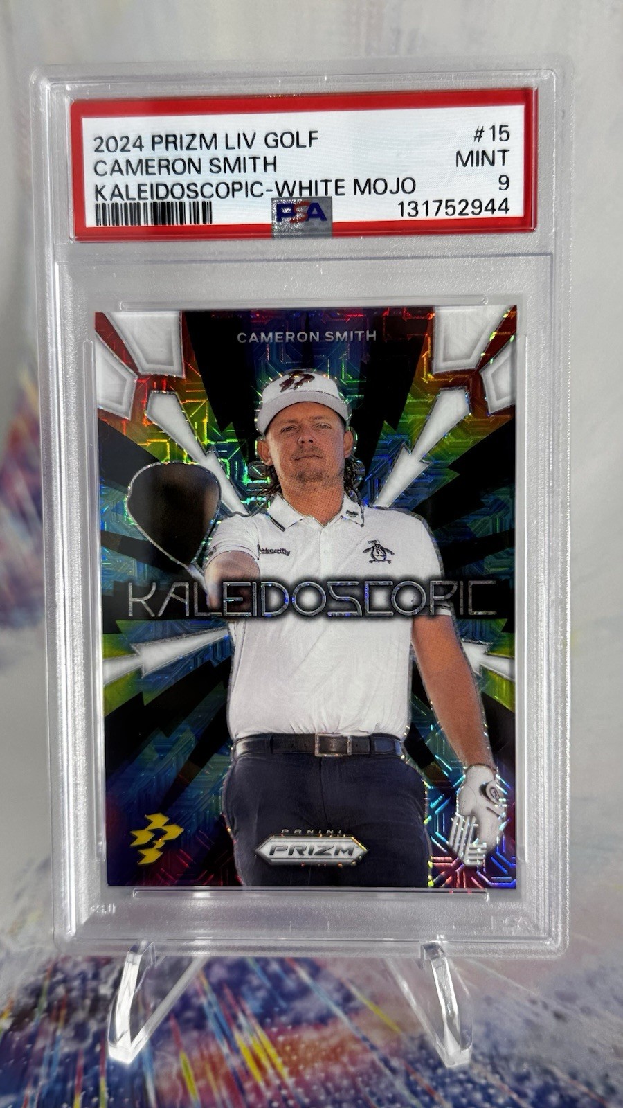 🔥 2024 PRIZM LIV GOLF KALEIDOSCOPIC WHITE MOJO PRIZM CAMERON SMITH #d /36 PSA 9