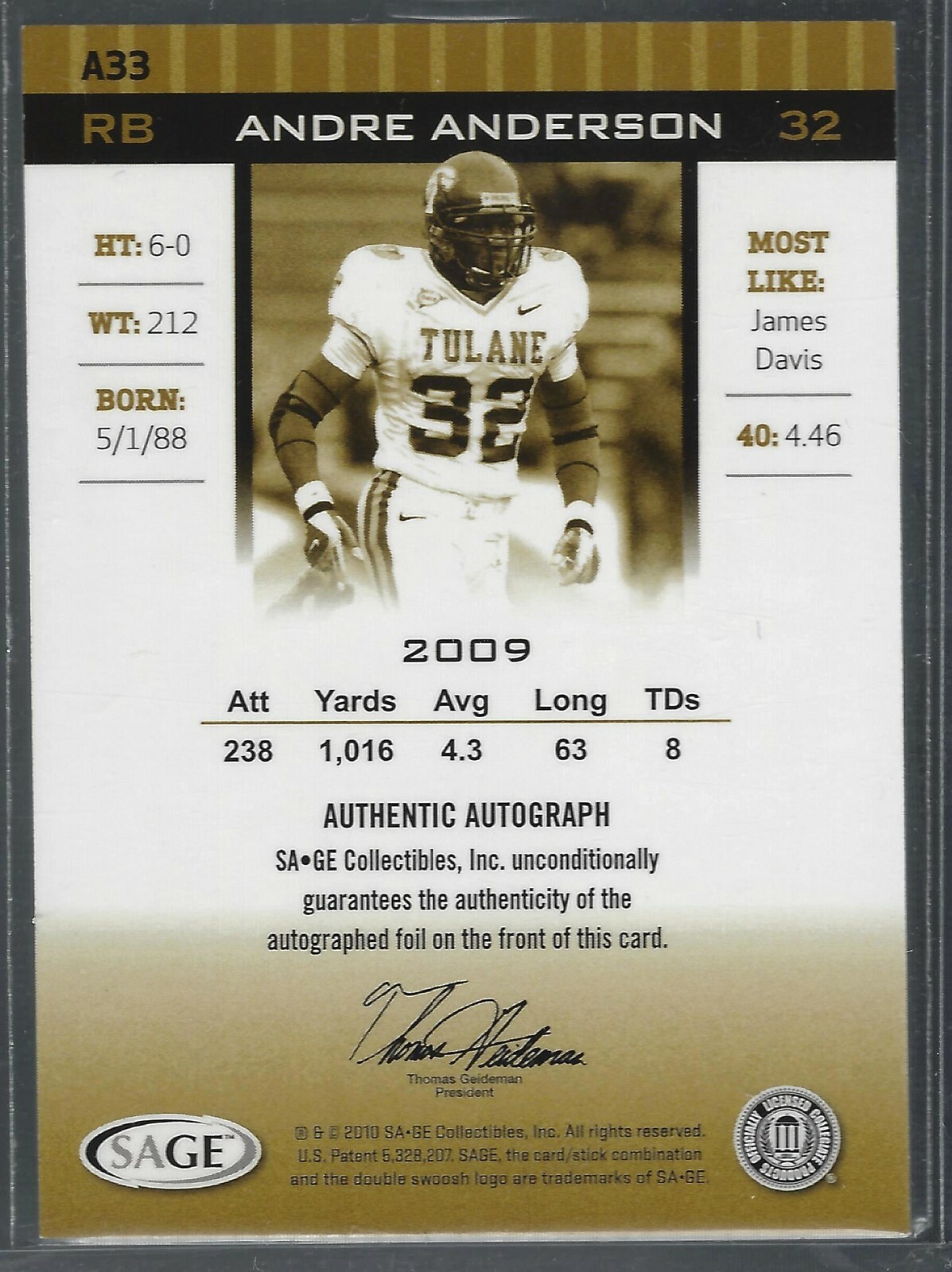 Andre Anderson 2010 SAGE HIT Autographs #A33