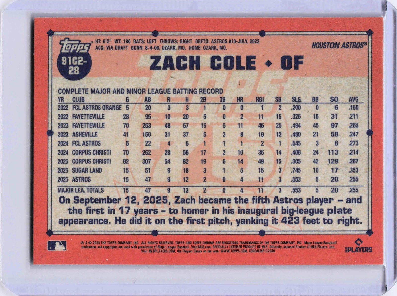 2026 Topps Series 2 Chrome 1991 Throwback Zach Cole #91C2-28 (RC) Mojo Astros