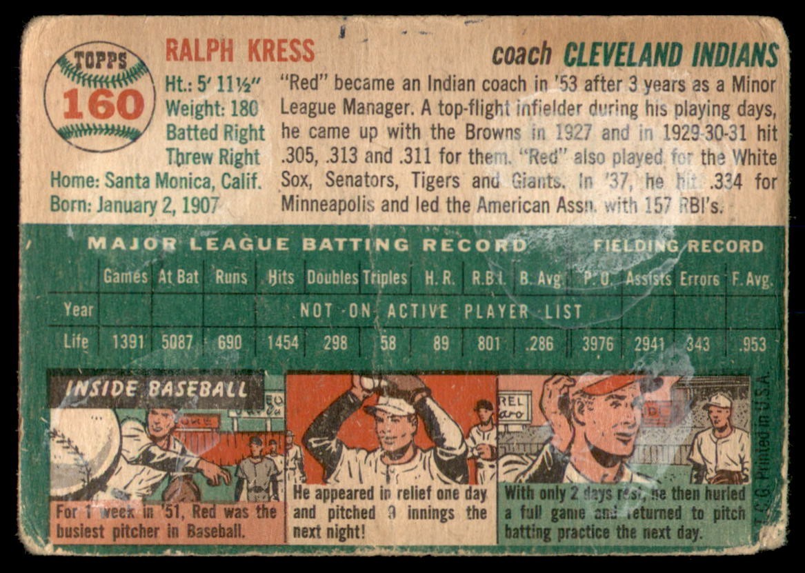 1954 Topps #160 RED KRESS Co Cleveland Indians G/VG (Crease – see back)