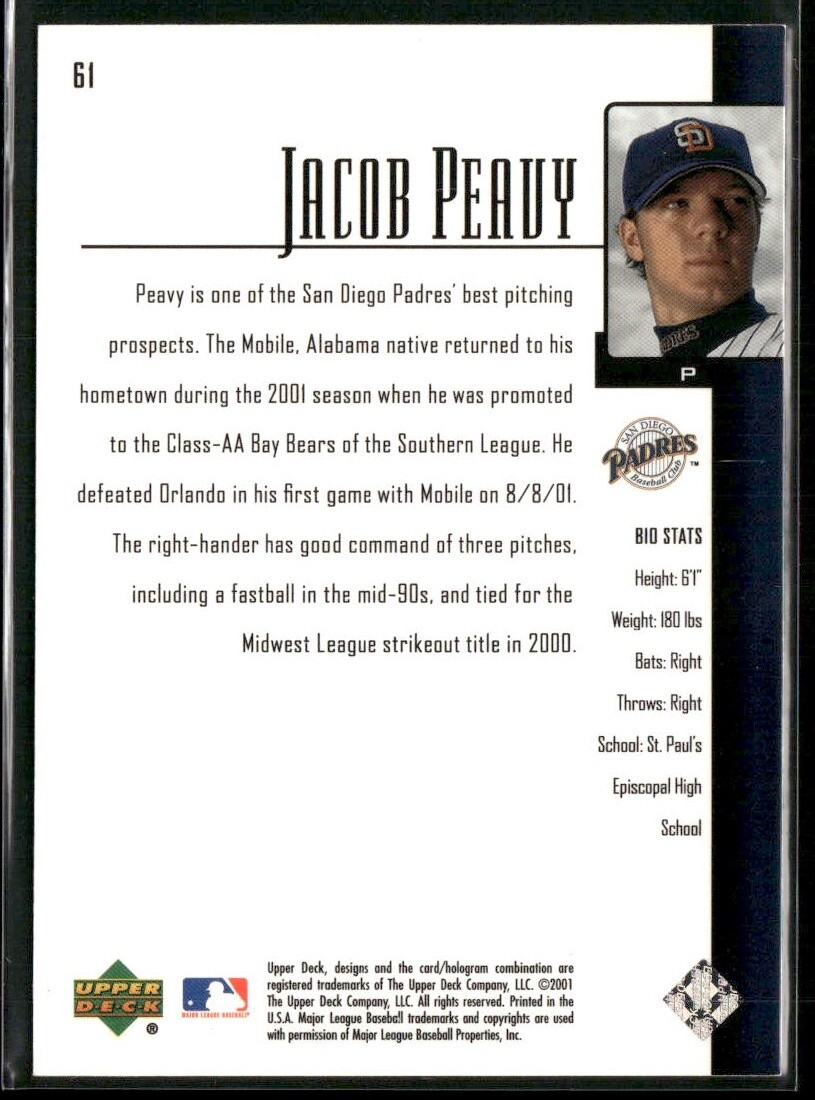 Jacob Peavy 2001 Upper Deck Prospect Premieres #61 – San Diego Padres